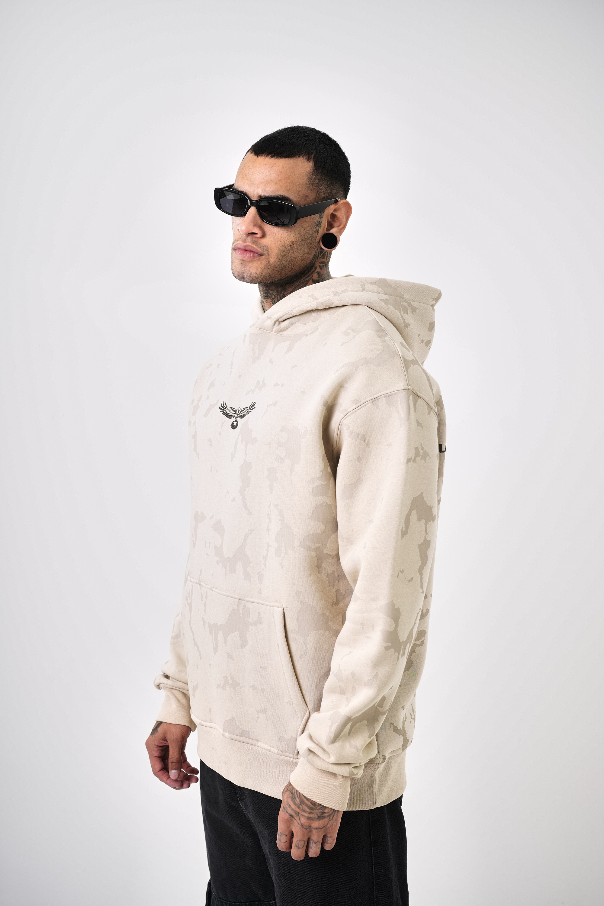 Erkek Holy Spirit Baskılı Oversize Hoodie - Bej