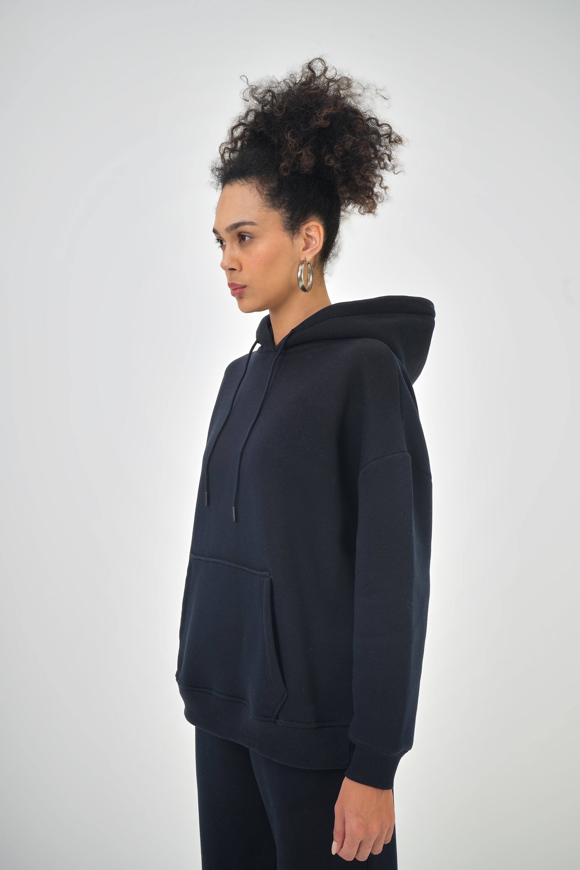 Kadın Kanguru Cepli Kapüşonlu Basic Oversize Hoodie - Lacivert