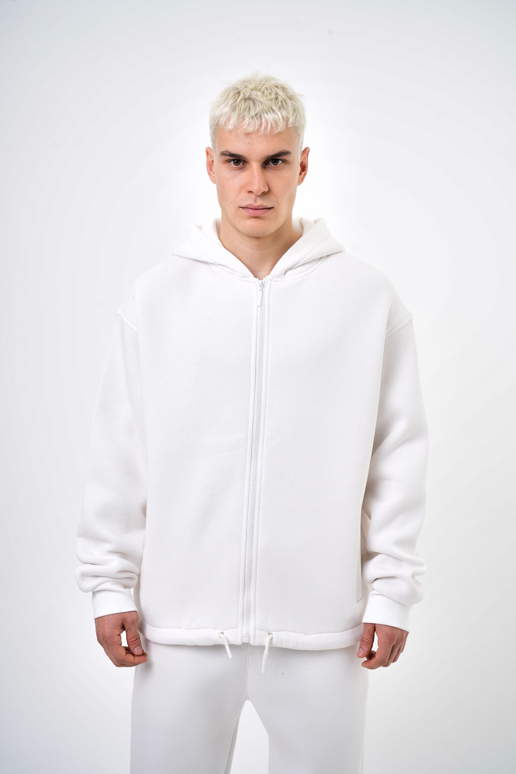 Kapüşonlu Basic Basic Zip Oversize Hoodie - Ekru