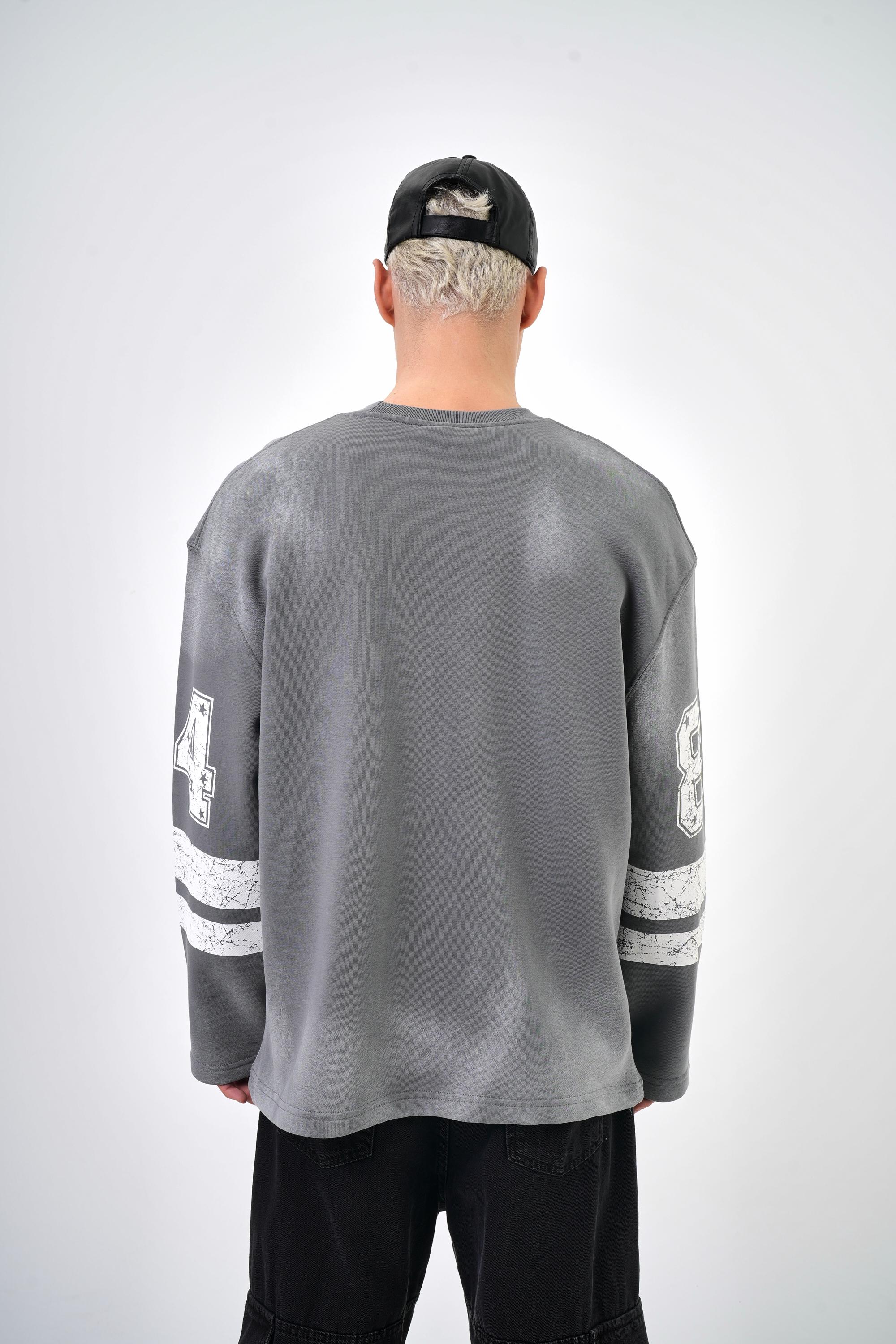 Erkek Oversize 84 Zone Offense Baskılı Sweatshirt - Gri