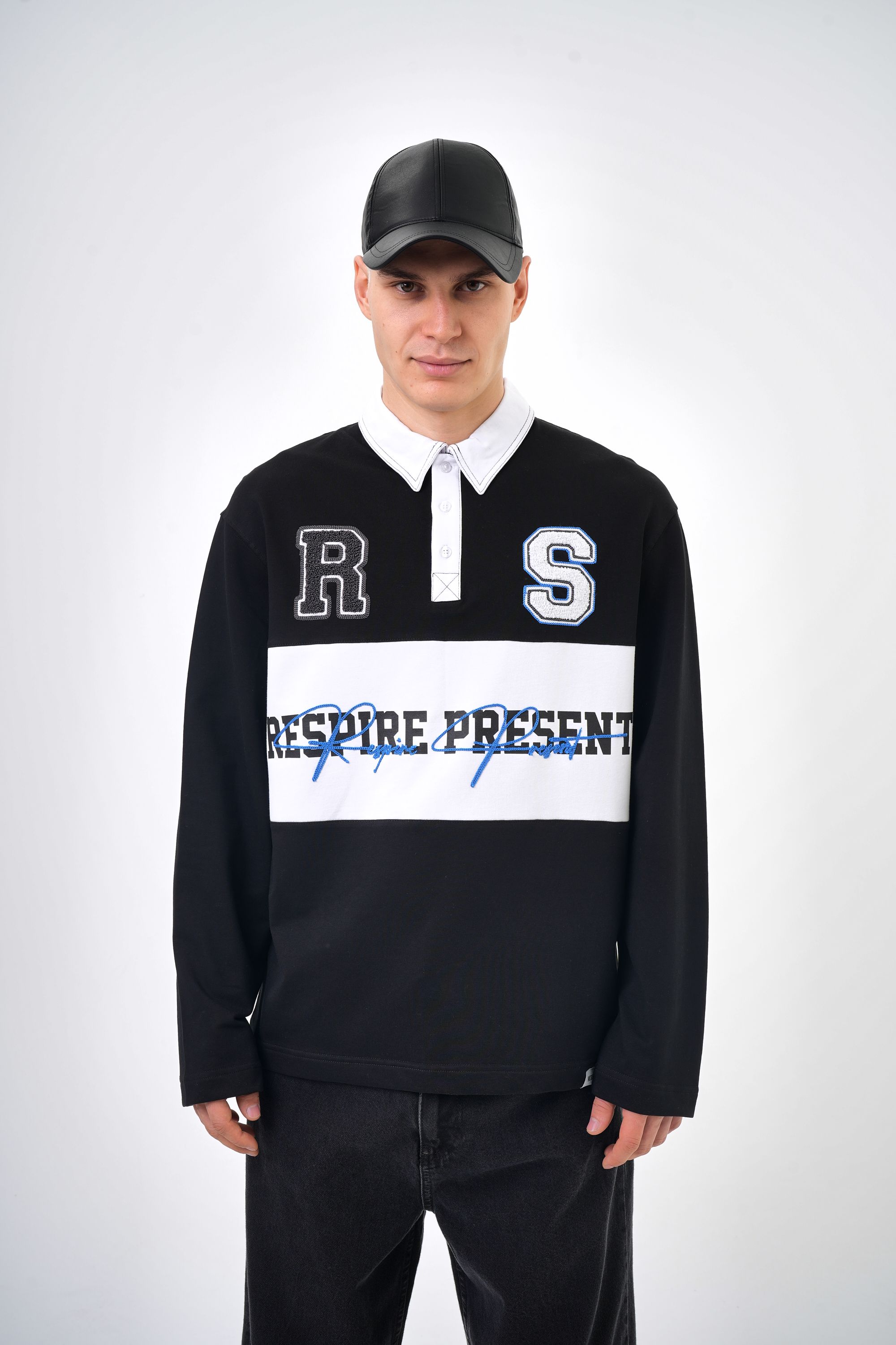 Respire Present Yazılı Nakışlı Polo Yaka Oversize Sweatshirt - Siyah