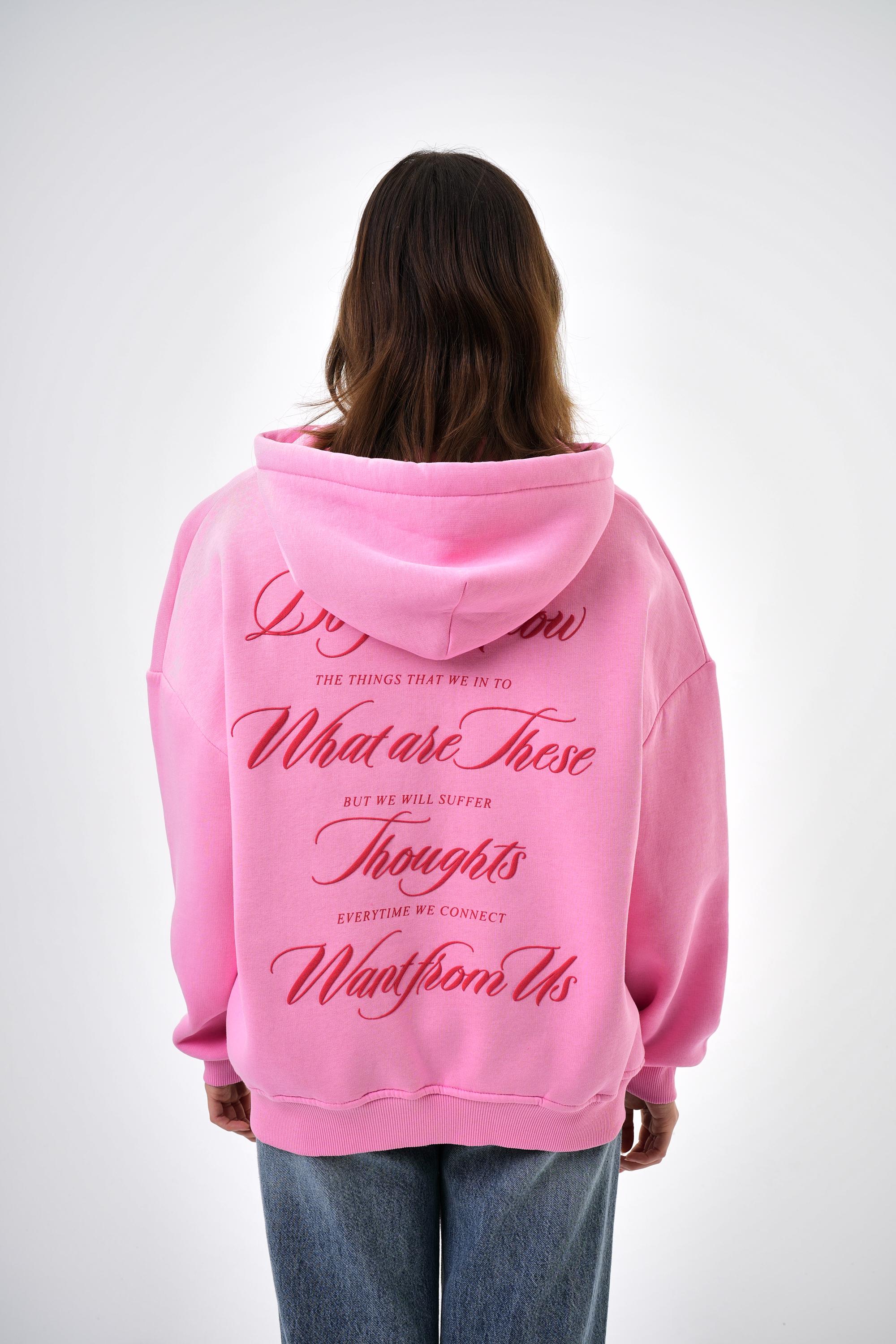 Kadın Want From Us Yazılı Kanguru Cepli Kapüşonlu Oversize Hoodie - Pembe