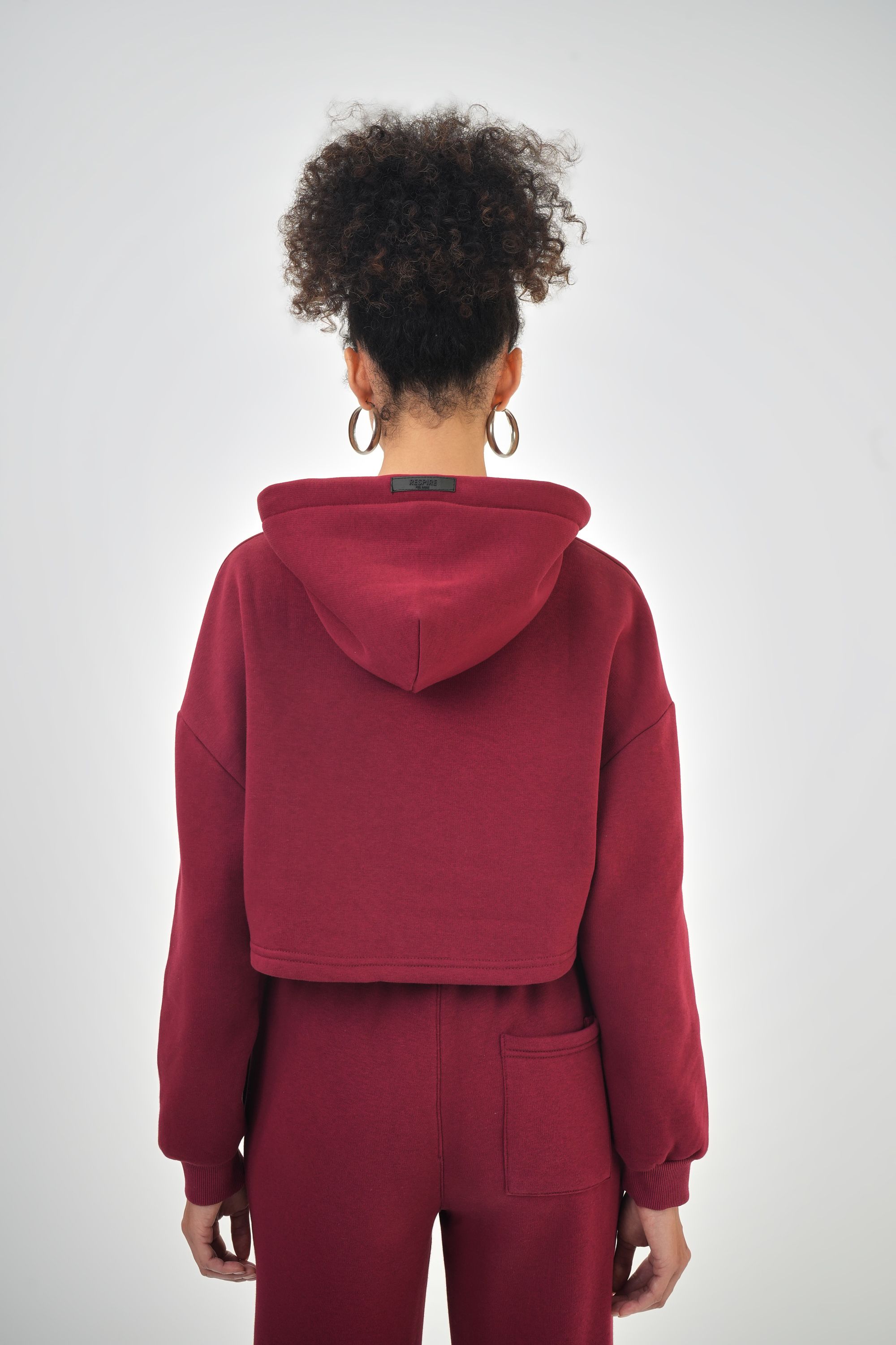 Kadın Kapüşonlu Bağcık Detaylı Oversize Basic Crop Hoodie - Bordo