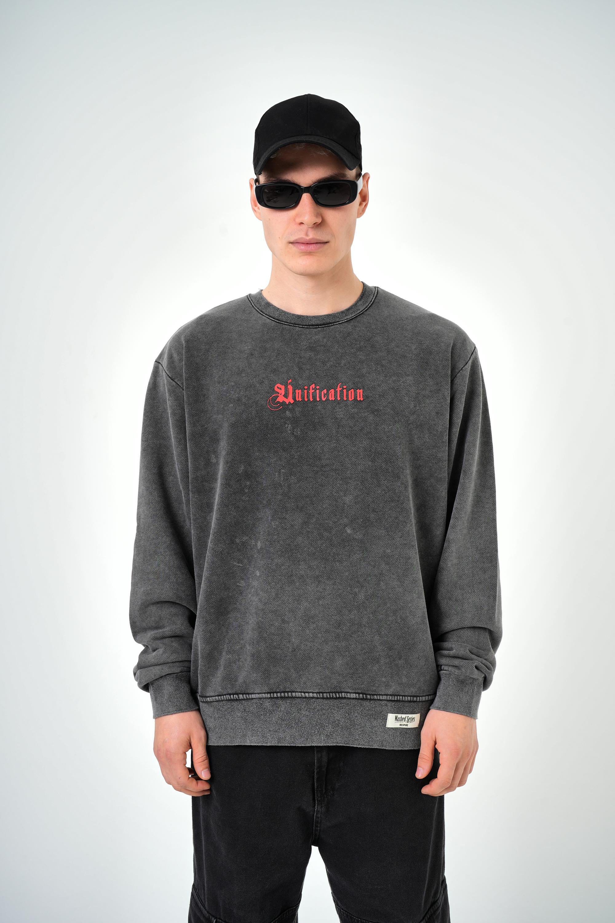 Erkek Oversize Unification Baskılı Yıkamalı Sweatshirt