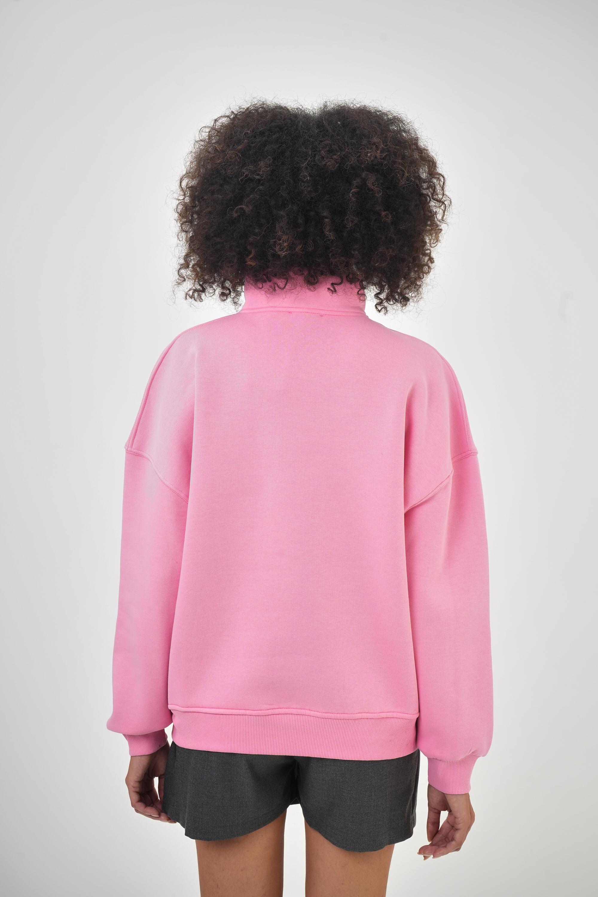 Kadın Oversize Add Me On Social Yazılı Yarım Fermuarlı Sweatshirt - Pembe