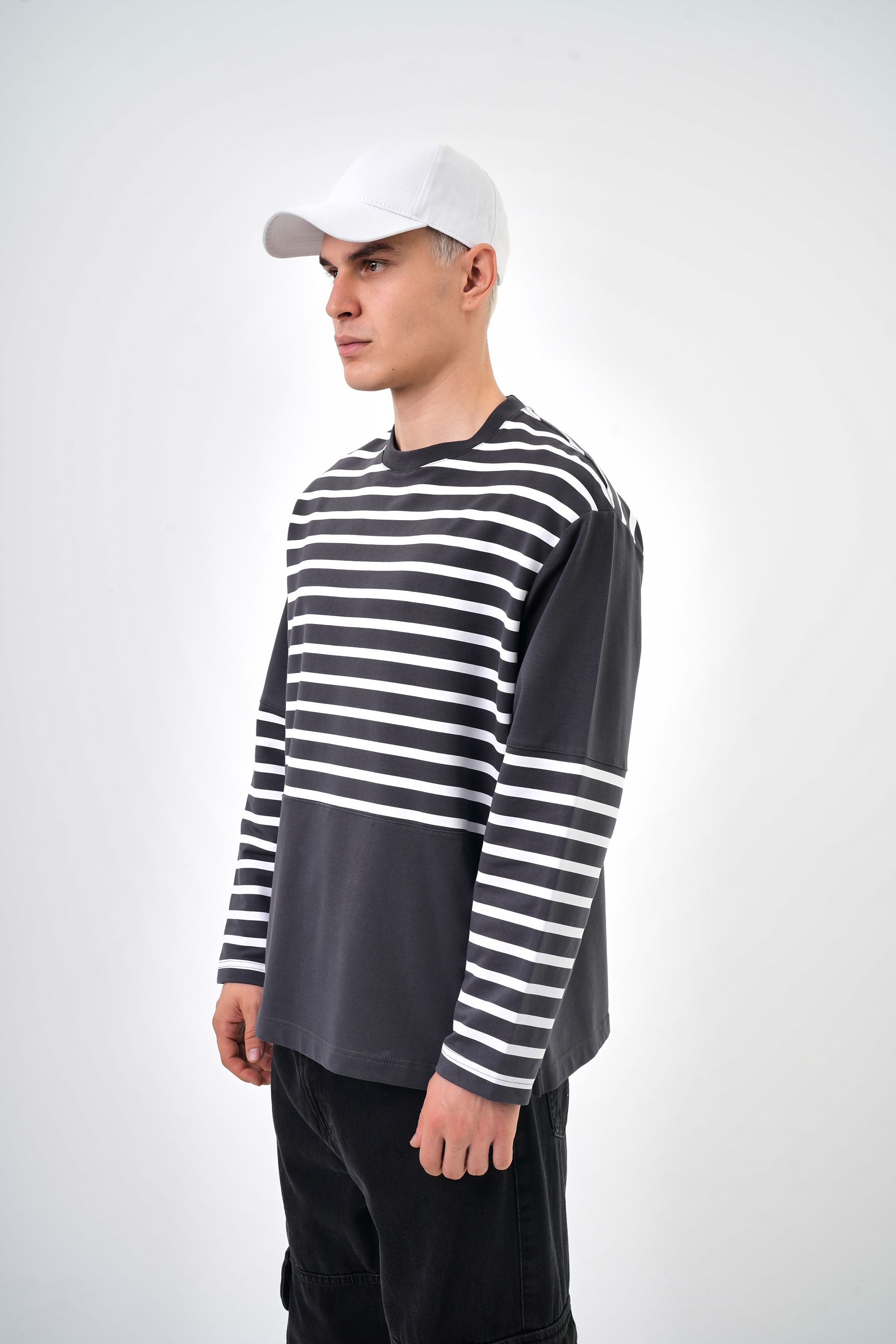 Erkek Overisize Çizgili Striped Sweatshirt   - Füme