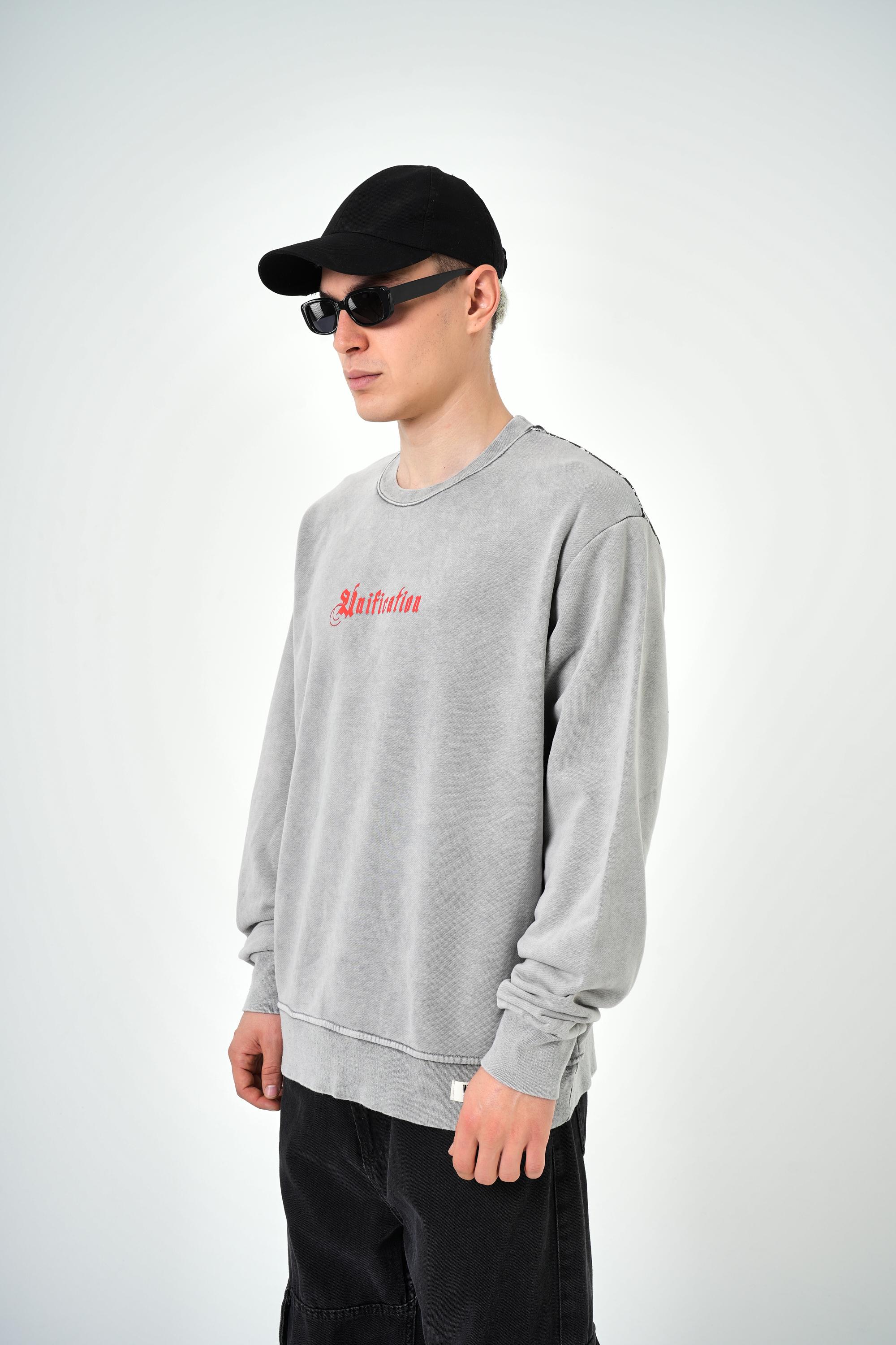 Erkek Oversize Unification Baskılı Yıkamalı Sweatshirt - Gri