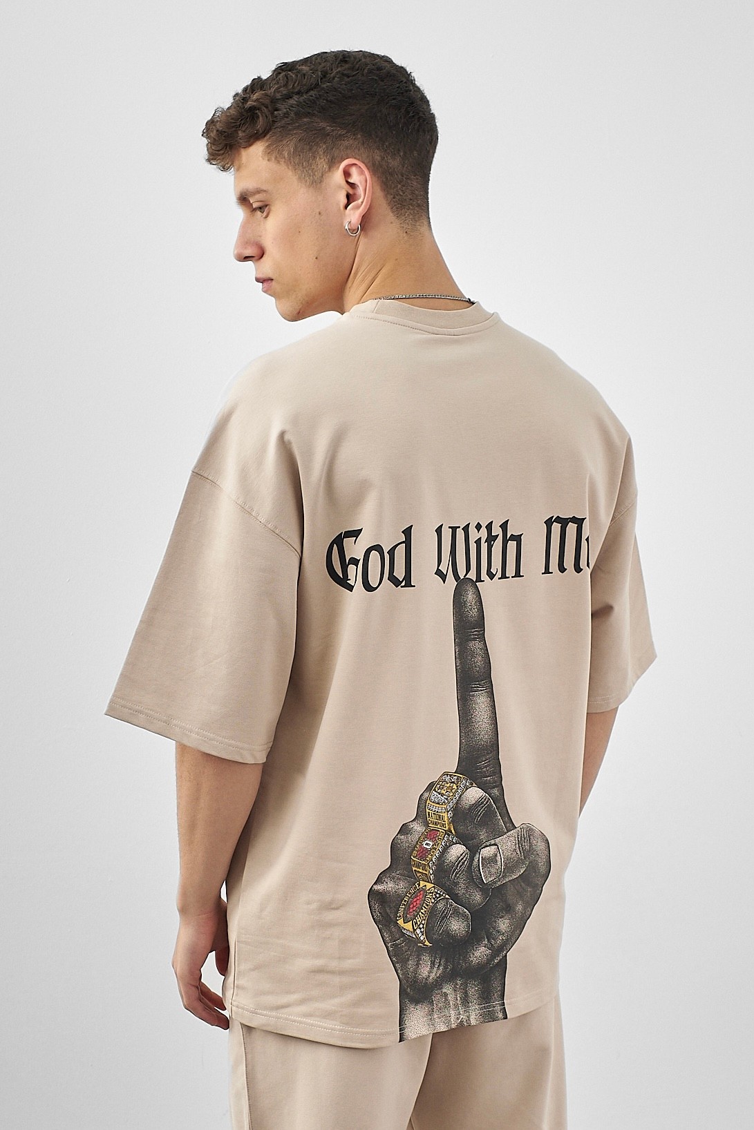 Respire God With Me Baskılı Oversize T-Shirt - Bej