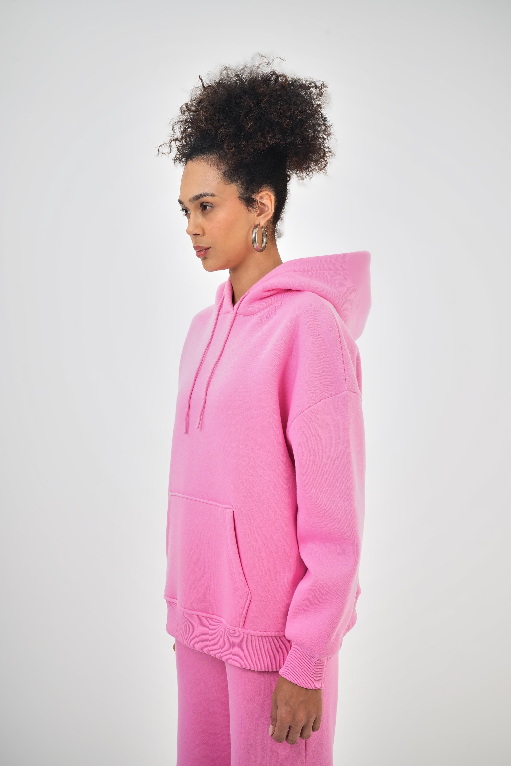 Kadın Kanguru Cepli Kapüşonlu Basic Oversize Hoodie - Pembe