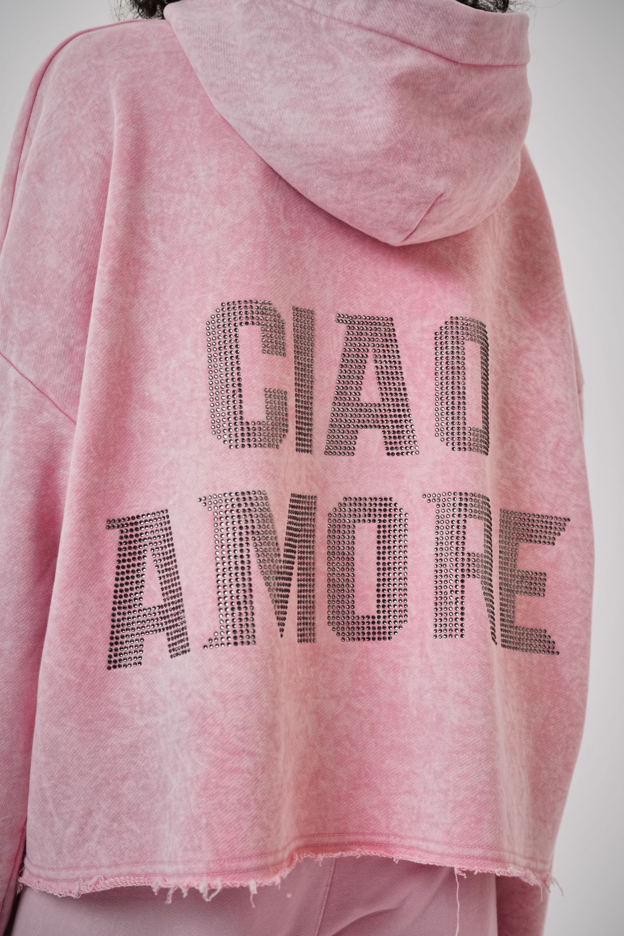 Kadın Yıkamalı Amore Detaylı Hoodie Takım - Pembe