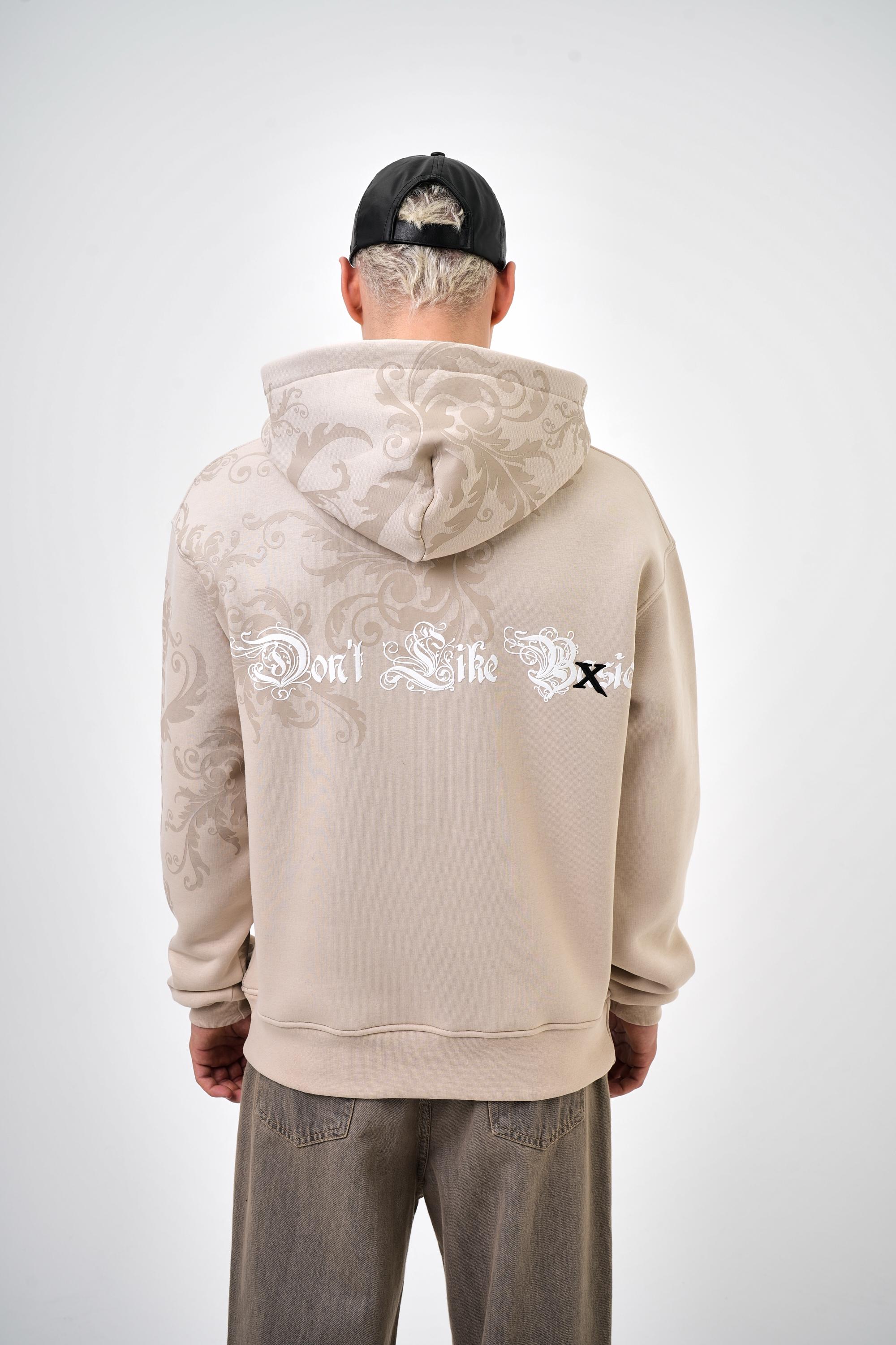 Erkek Oversize Don't Like Basic Baskılı Hoodie - Bej