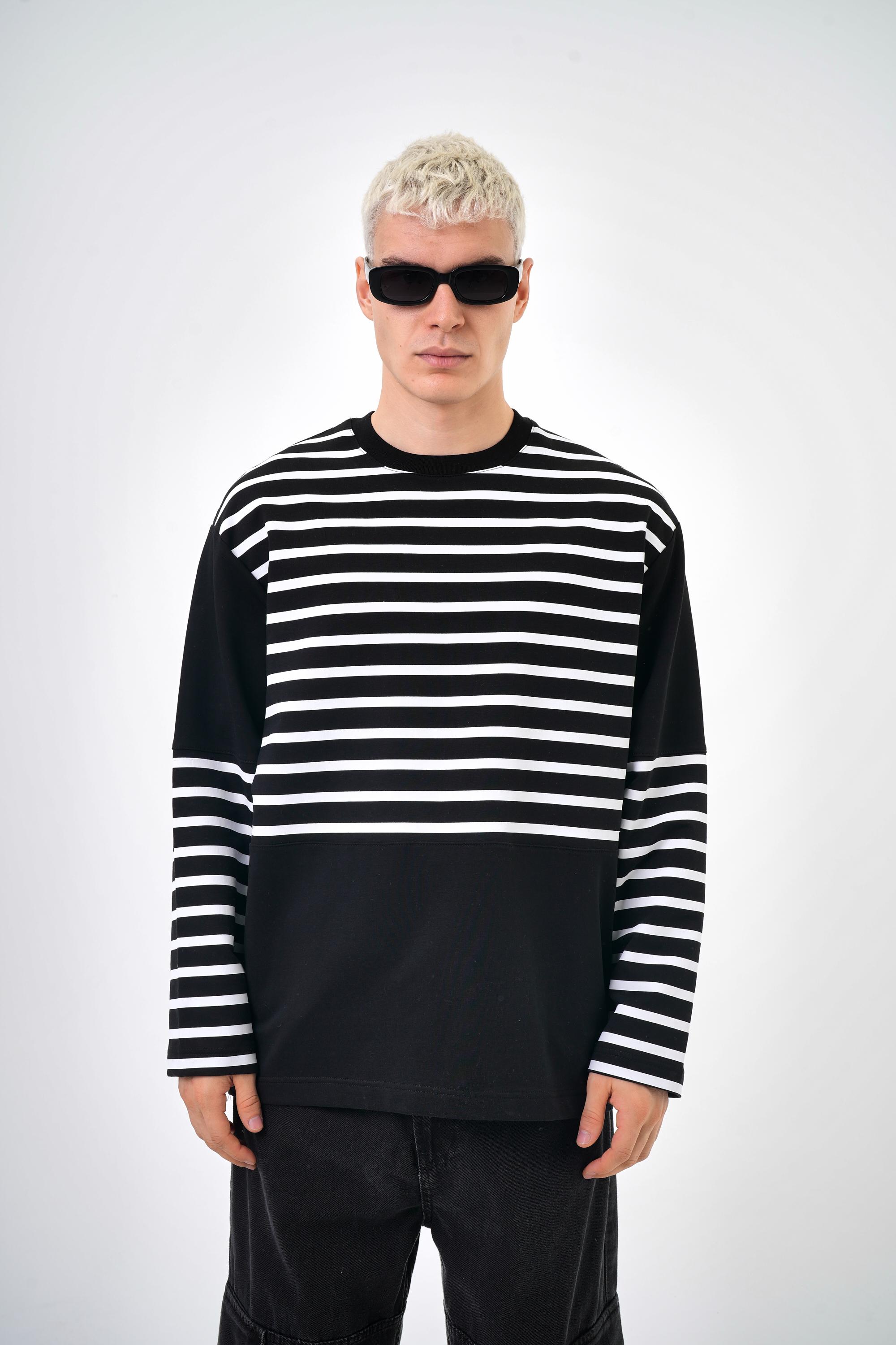 Şerit Çizgi Detaylı Striped Sweatshirt - Siyah