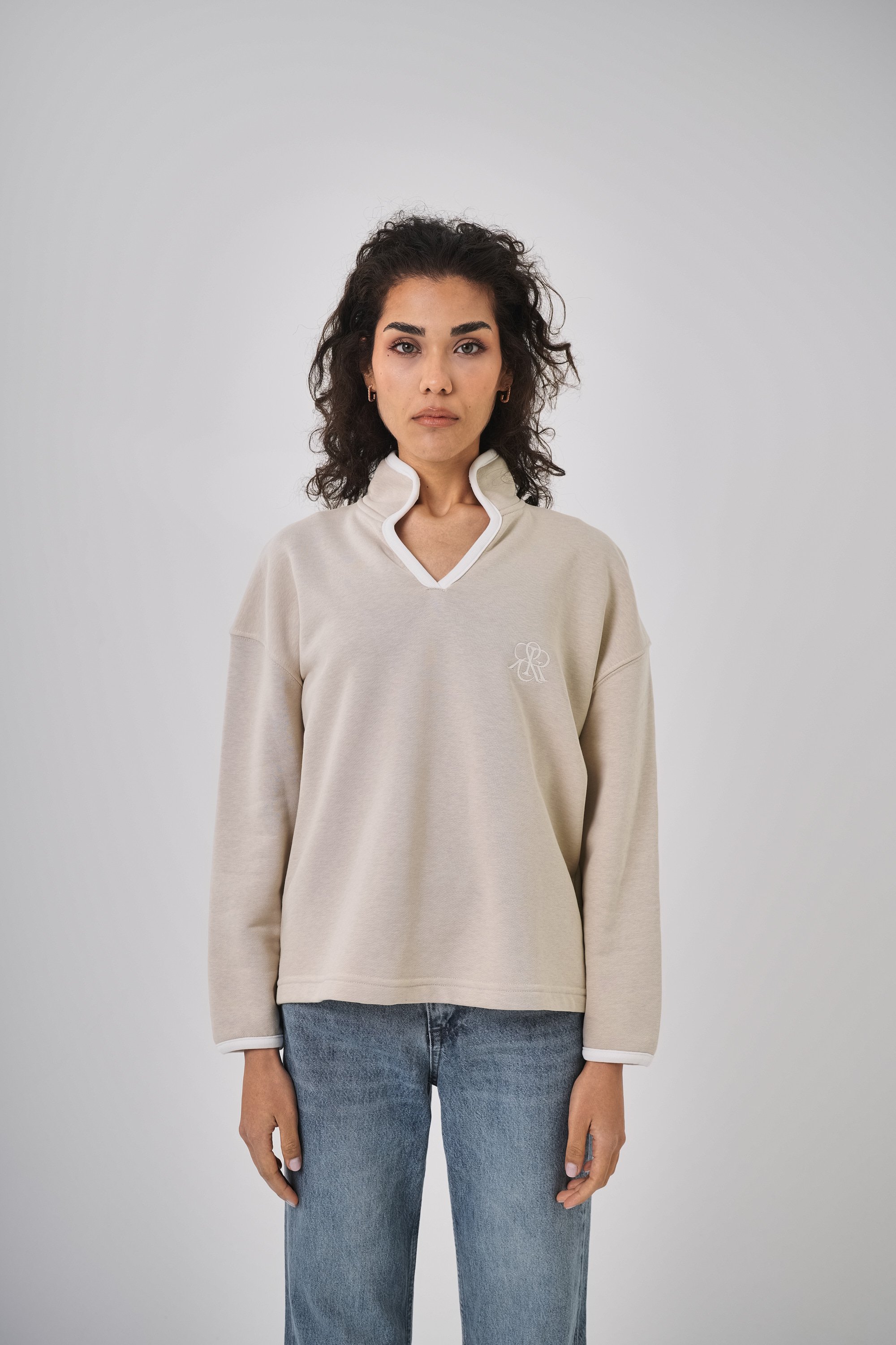 Kadın Yaka Detaylı Casual Kadın Sweatshirt - Bej