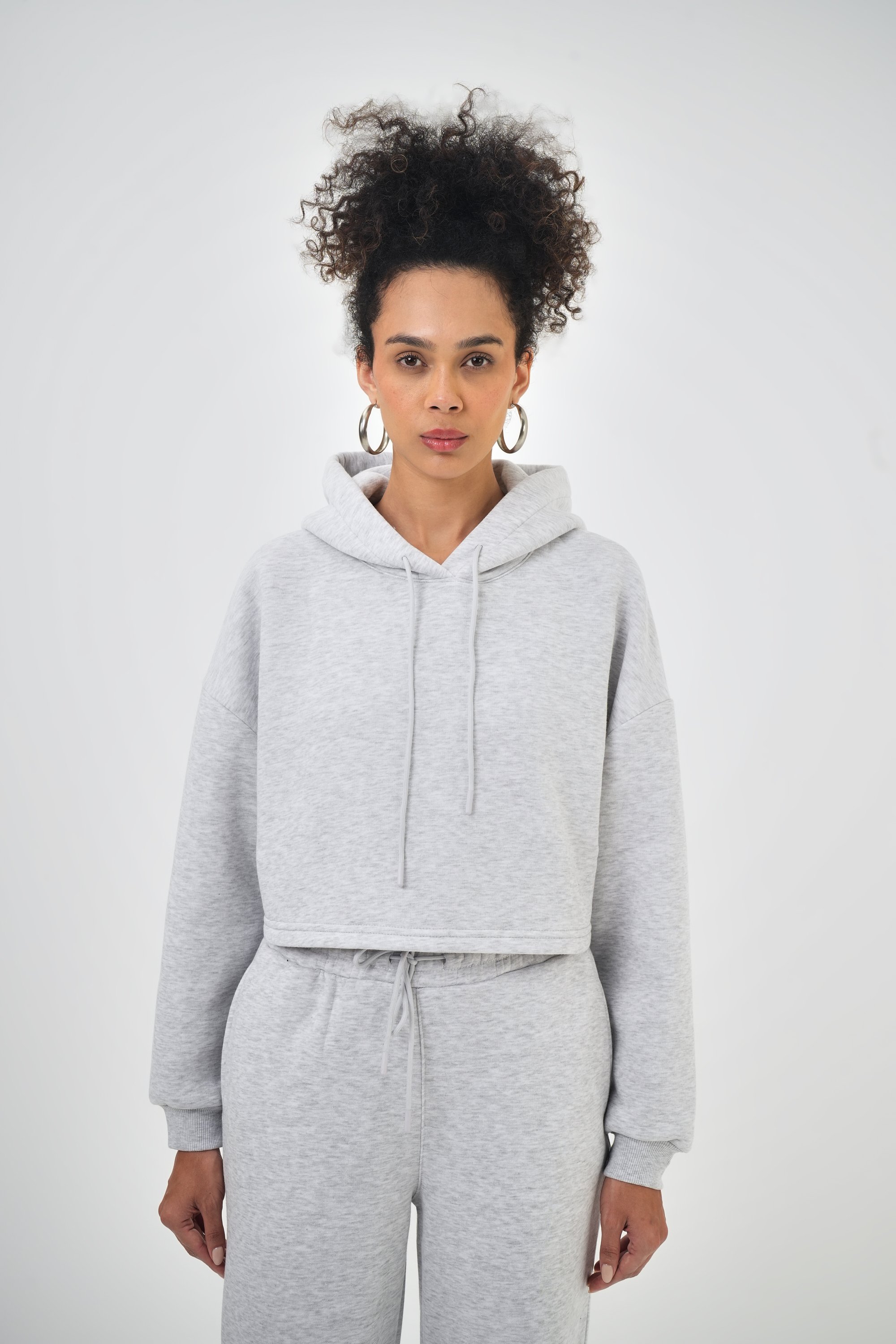 Kadın Kapüşonlu Bağcık Detaylı Oversize Basic Crop Hoodie - Kar Melanj