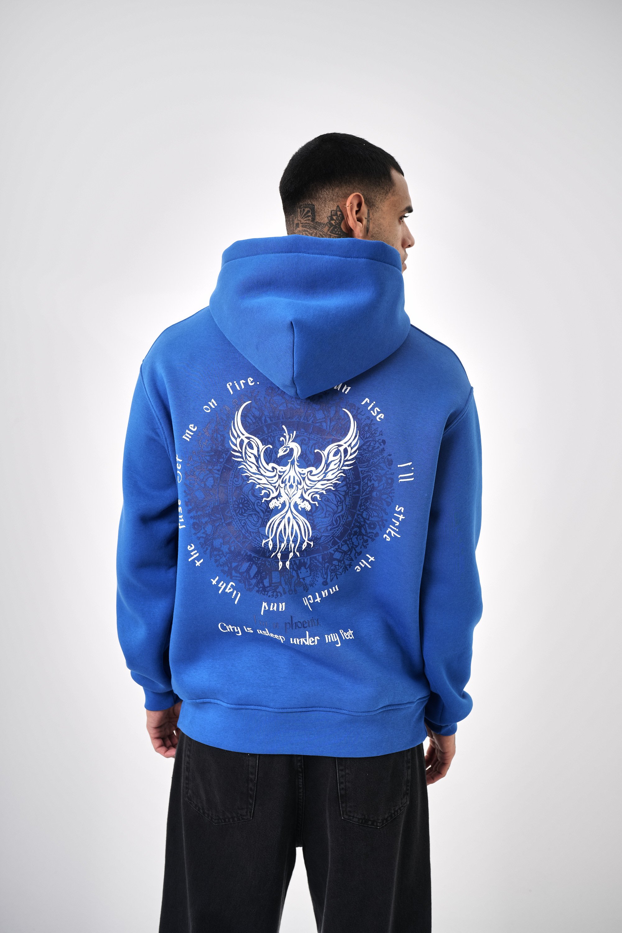 Erkek Phoenix Baskılı Oversize Hoodie - Saks