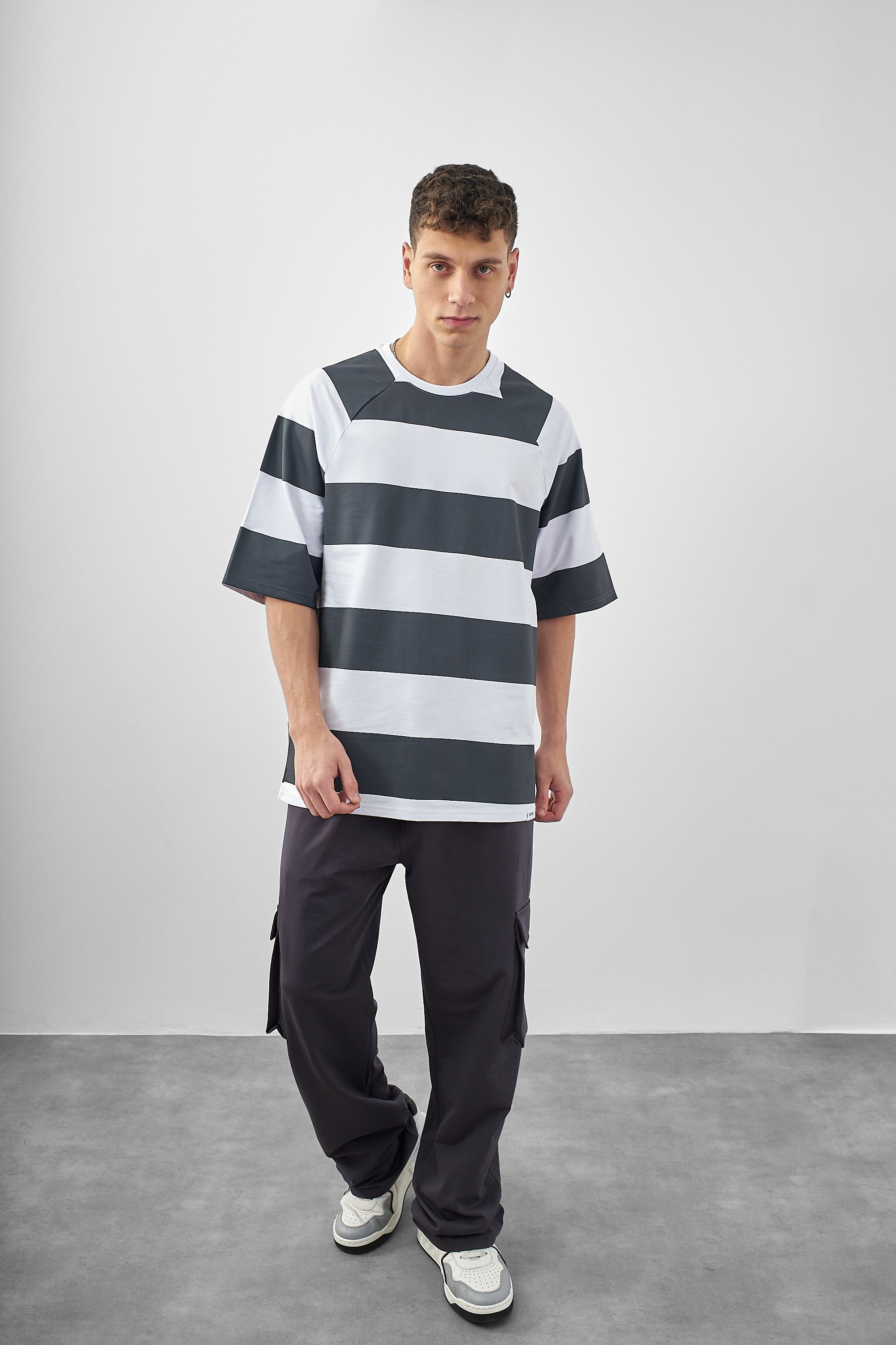 Respire Basic Çizgili Oversize T-Shirt - Füme