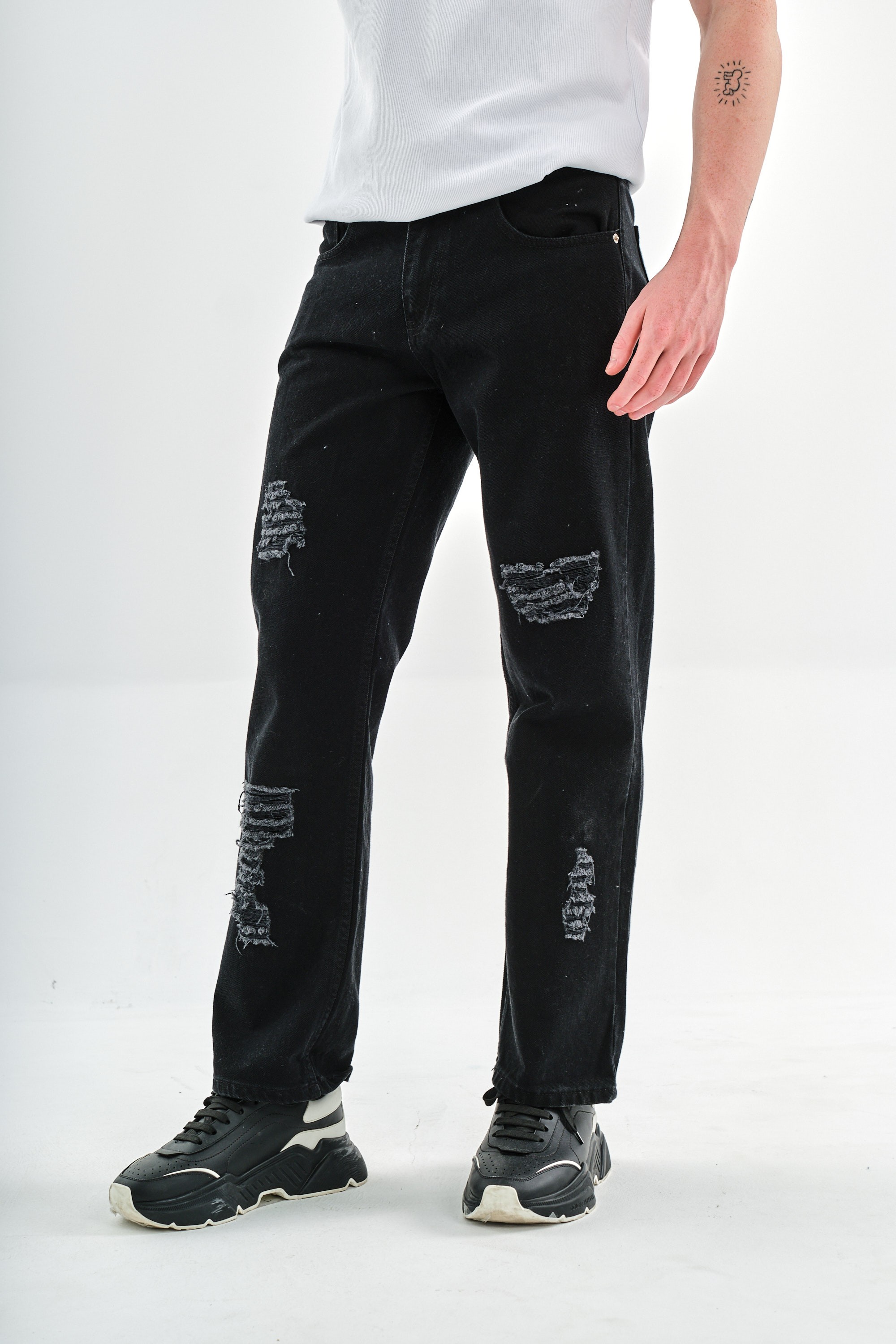 Respire Baggy Yırtmaç Detaylı Jean Pantolon - Black