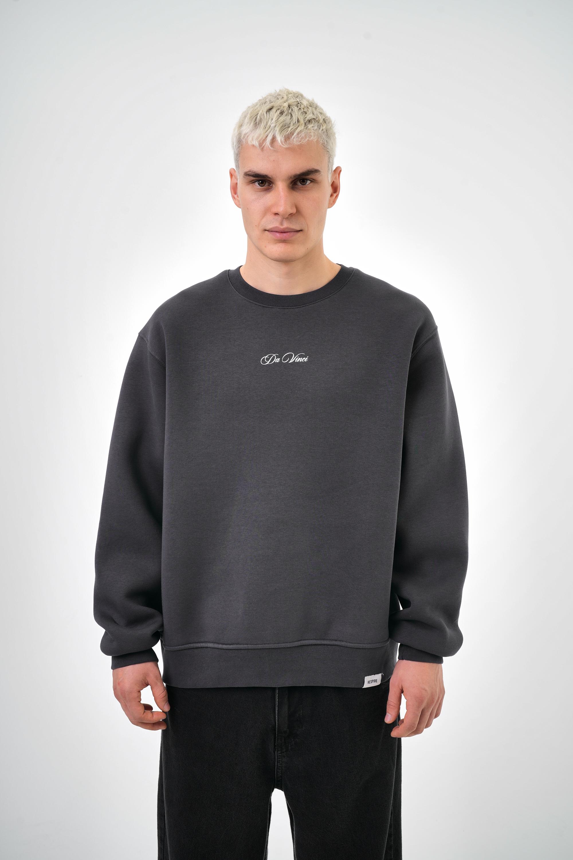  Erkek Oversize Baskılı Sweatshirt - Füme