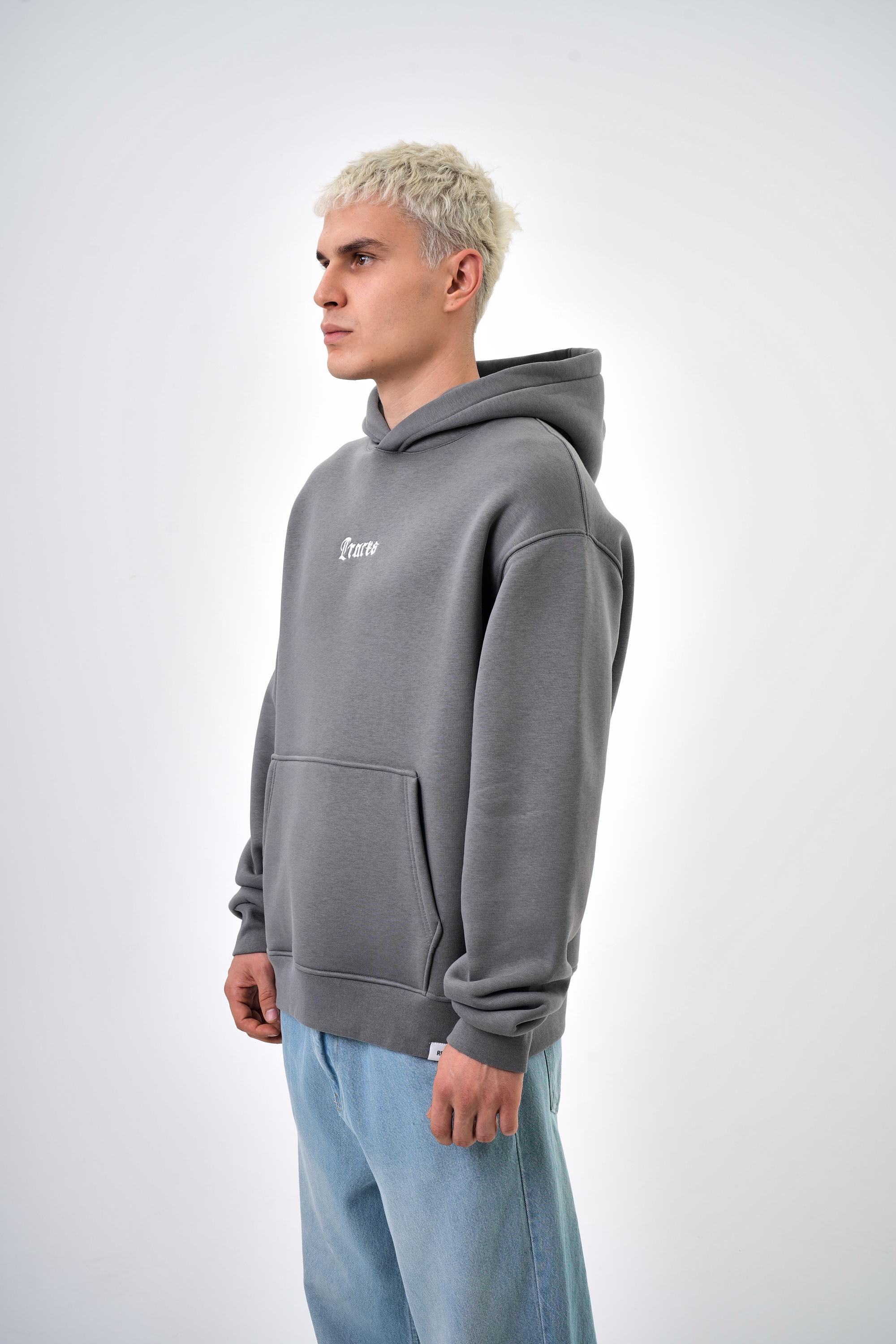 Erkek Oversize Traces Baskılı Hoodie - Gri