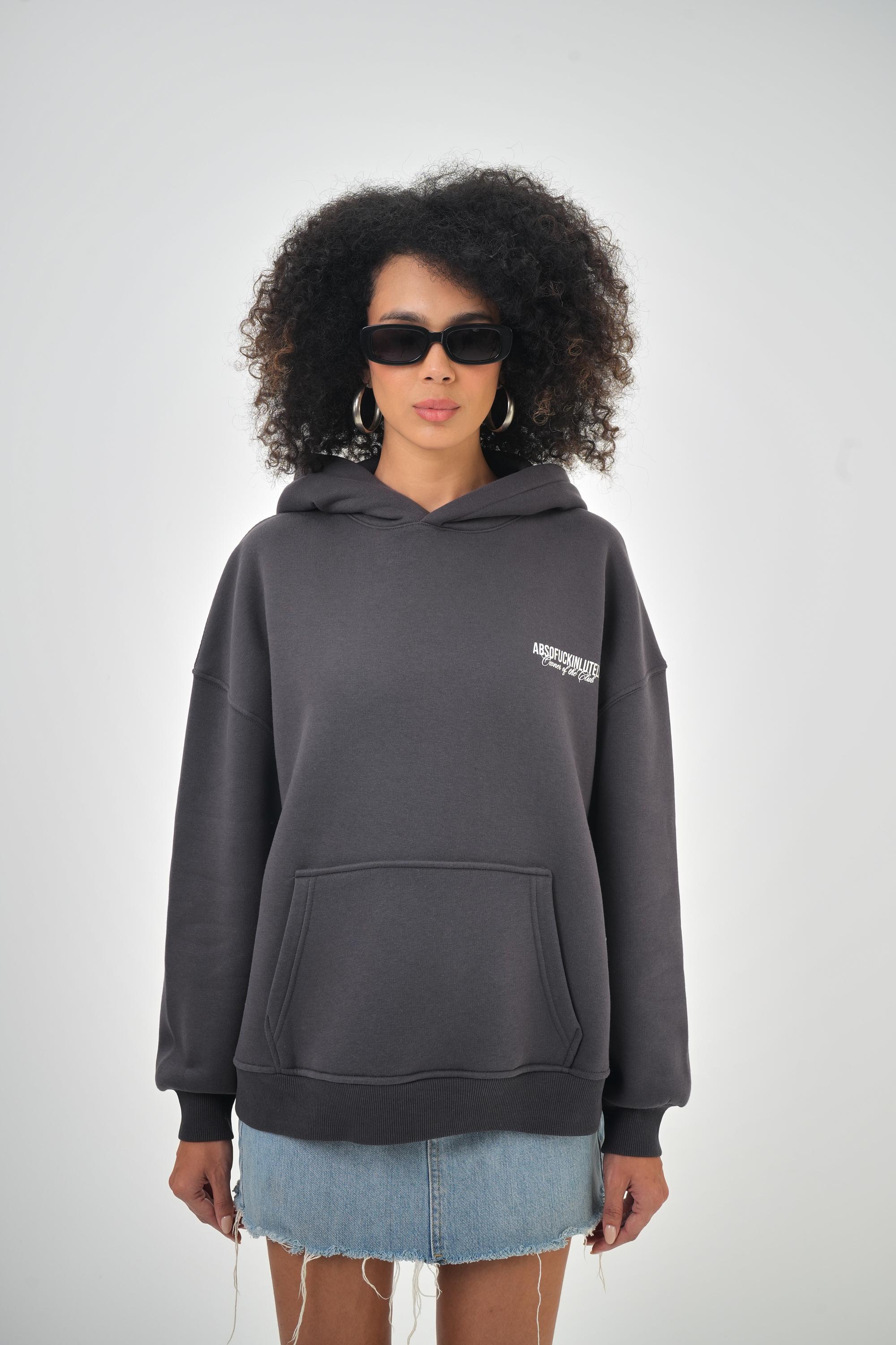 Kadın Absofuckinlutely Yazılı Kanguru Cepli Kapüşonlu Oversize Hoodie - Füme