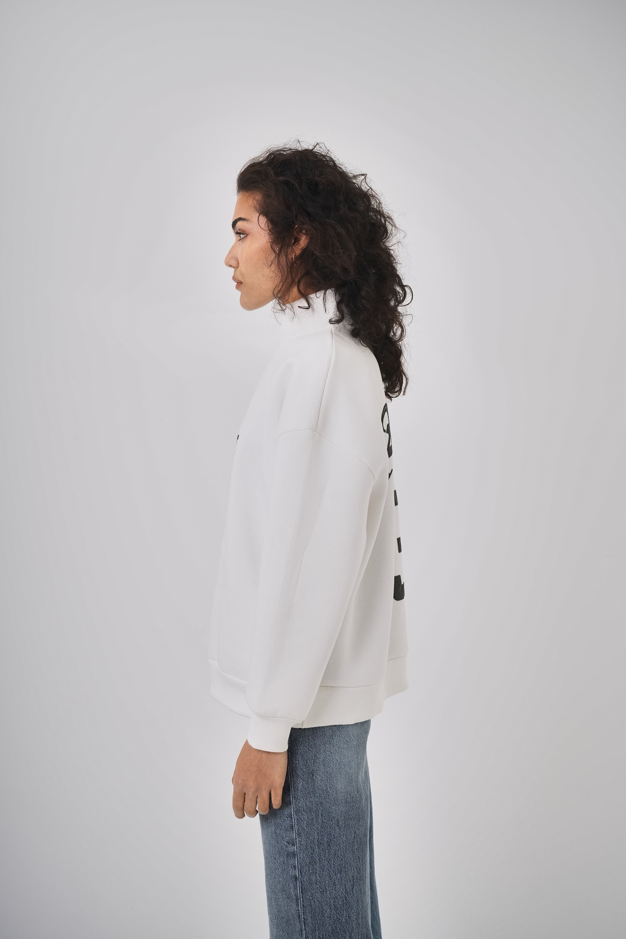 Kadın Oversize Baskılı Yarım Fermuarlı Sweatshirt - Ekru