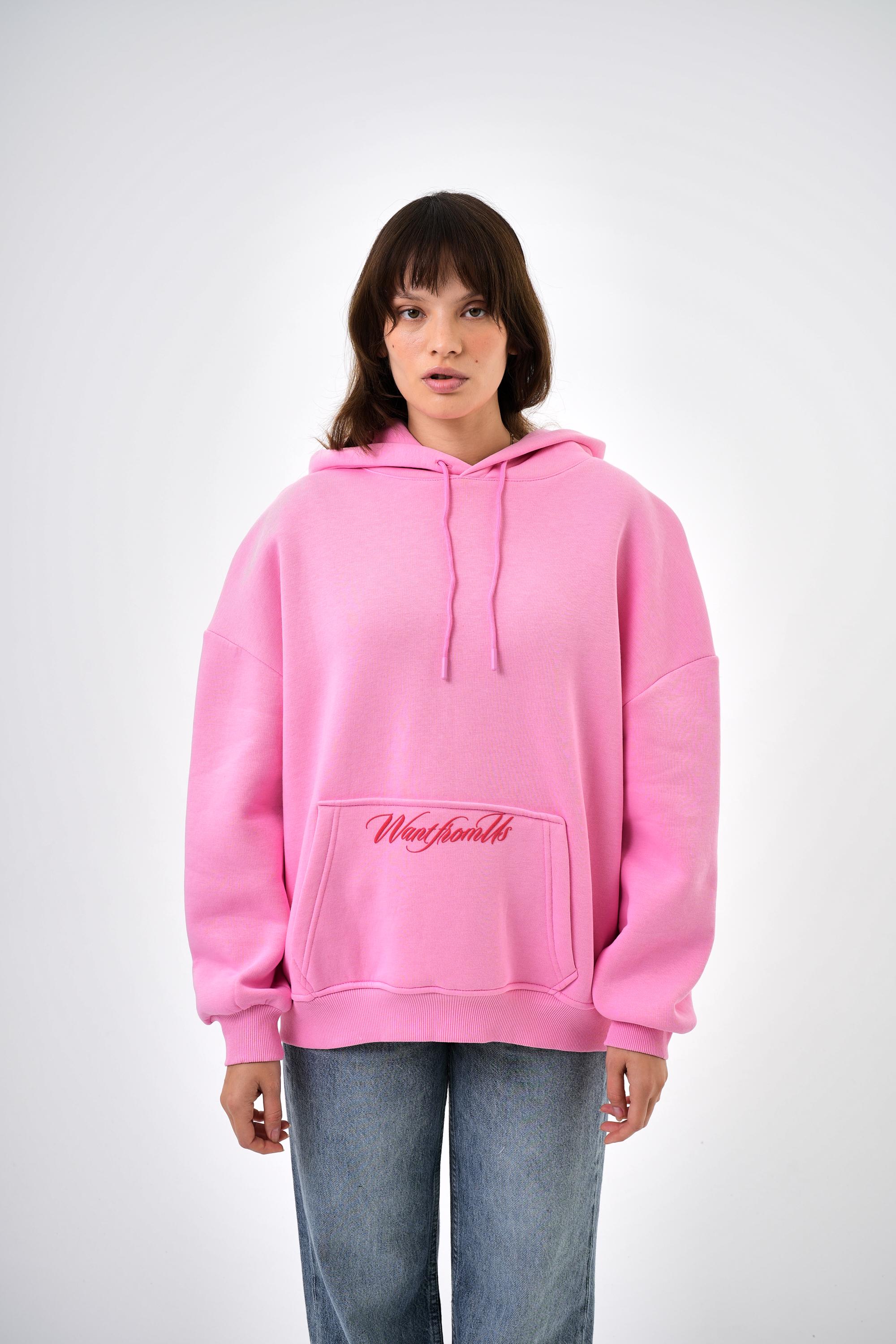 Kadın Want From Us Yazılı Kanguru Cepli Kapüşonlu Oversize Hoodie - Pembe