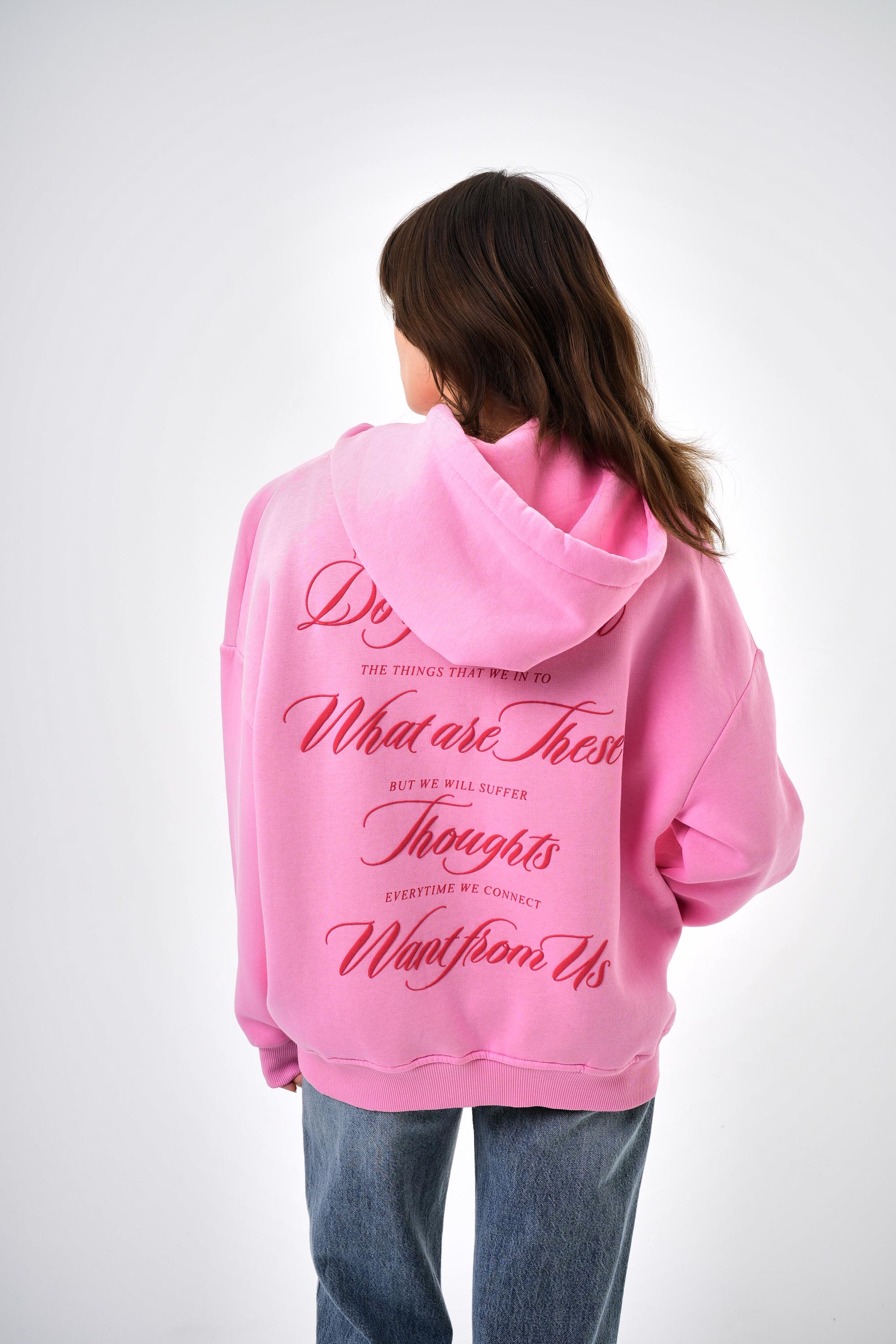 Kadın Want From Us Yazılı Kanguru Cepli Kapüşonlu Oversize Hoodie - Pembe