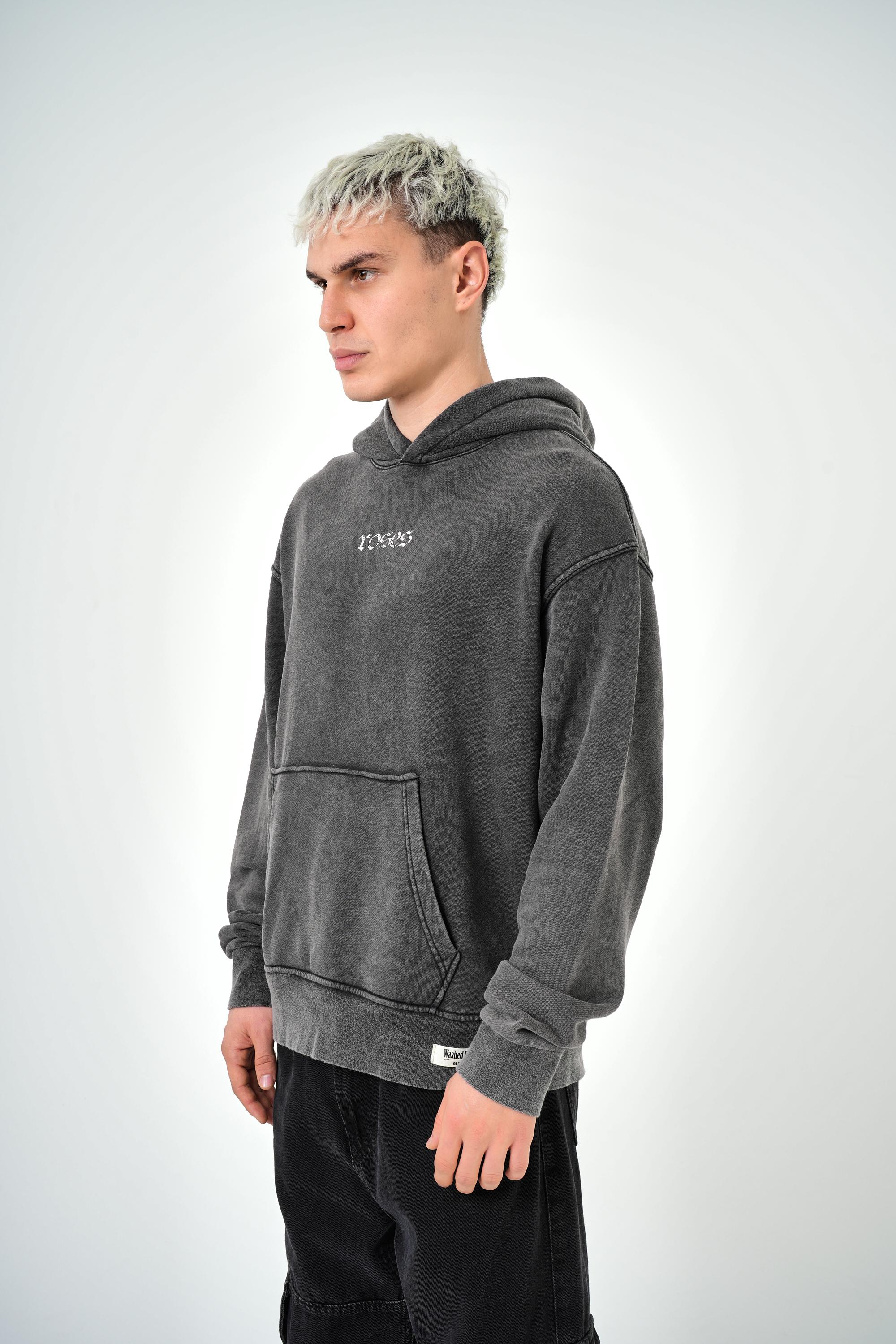 Erkek Oversize Roses Yazılı Yıkamalı Hoodie - Siyah