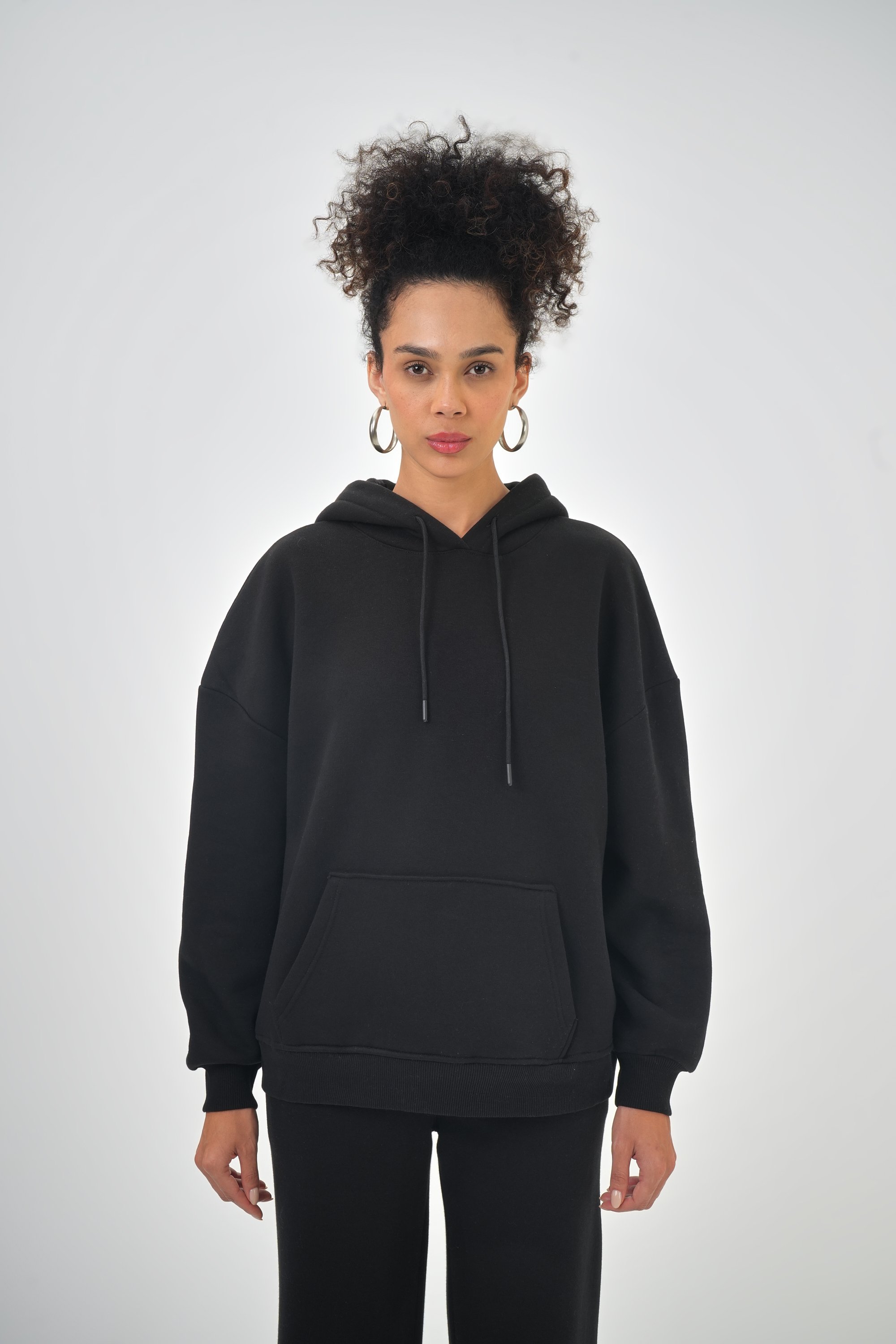 Kadın Kanguru Cepli Kapüşonlu Basic Oversize Hoodie