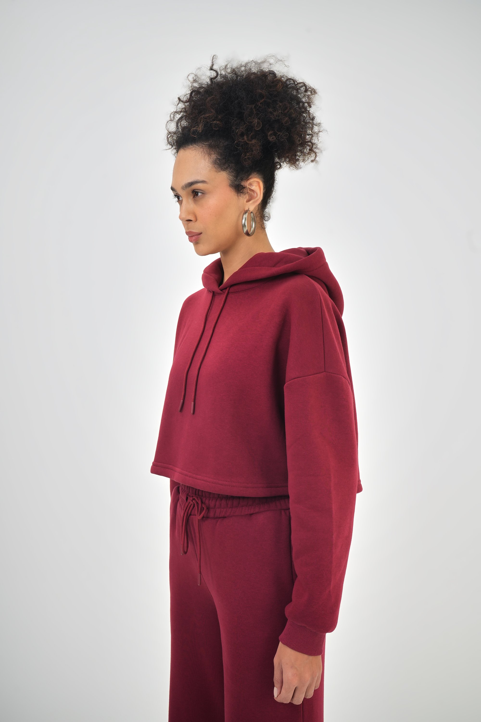 Kadın Kapüşonlu Bağcık Detaylı Oversize Basic Crop Hoodie - Bordo