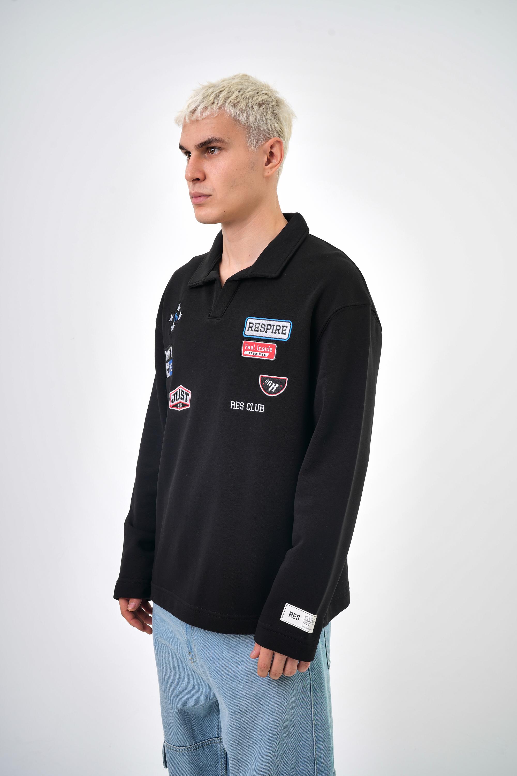 Erkek Oversize Nakış Detaylı Arma Polo Yaka Sweatshirt - Siyah