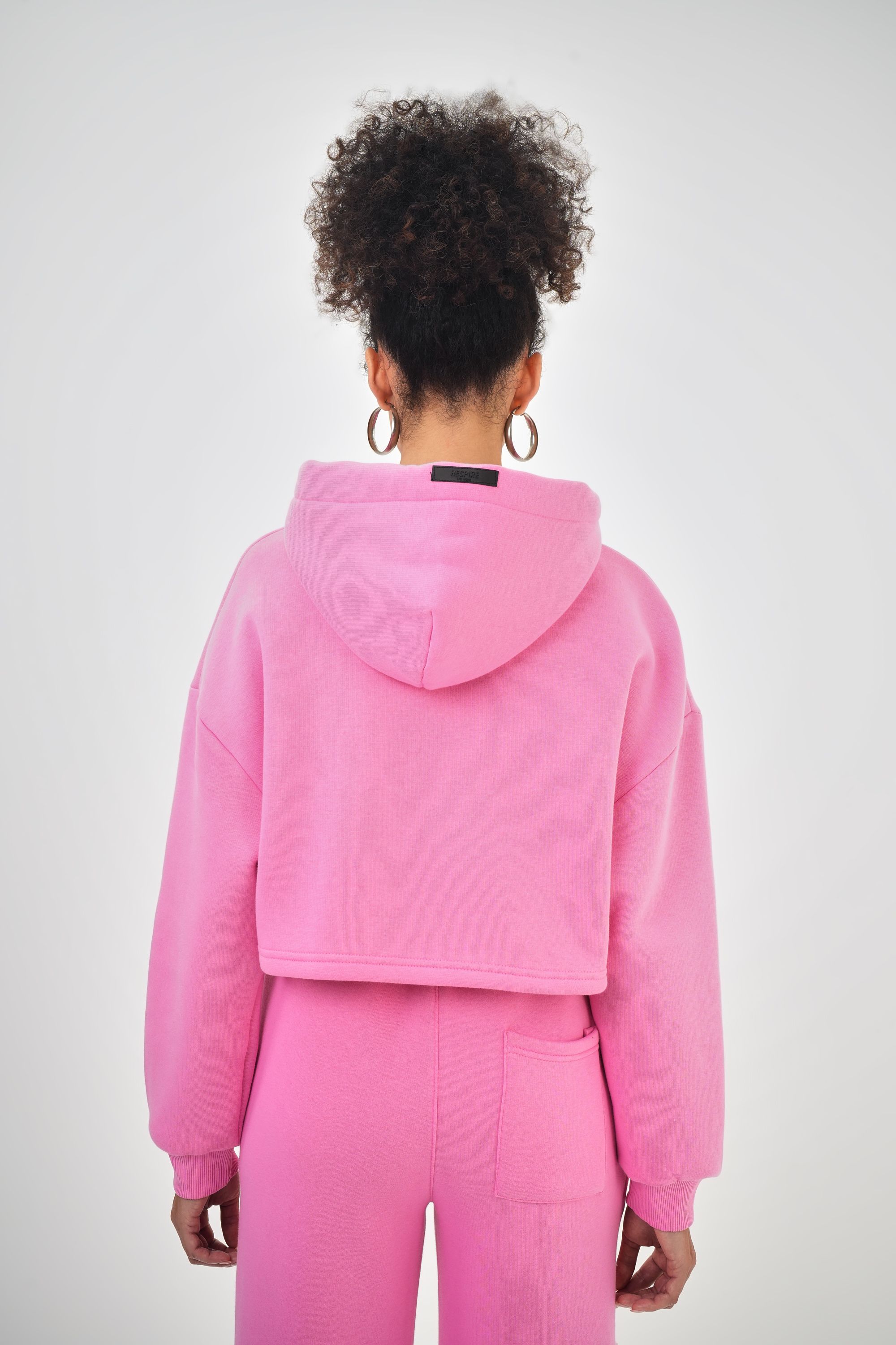 Kadın Kapüşonlu Bağcık Detaylı Oversize Basic Crop Hoodie - Pembe