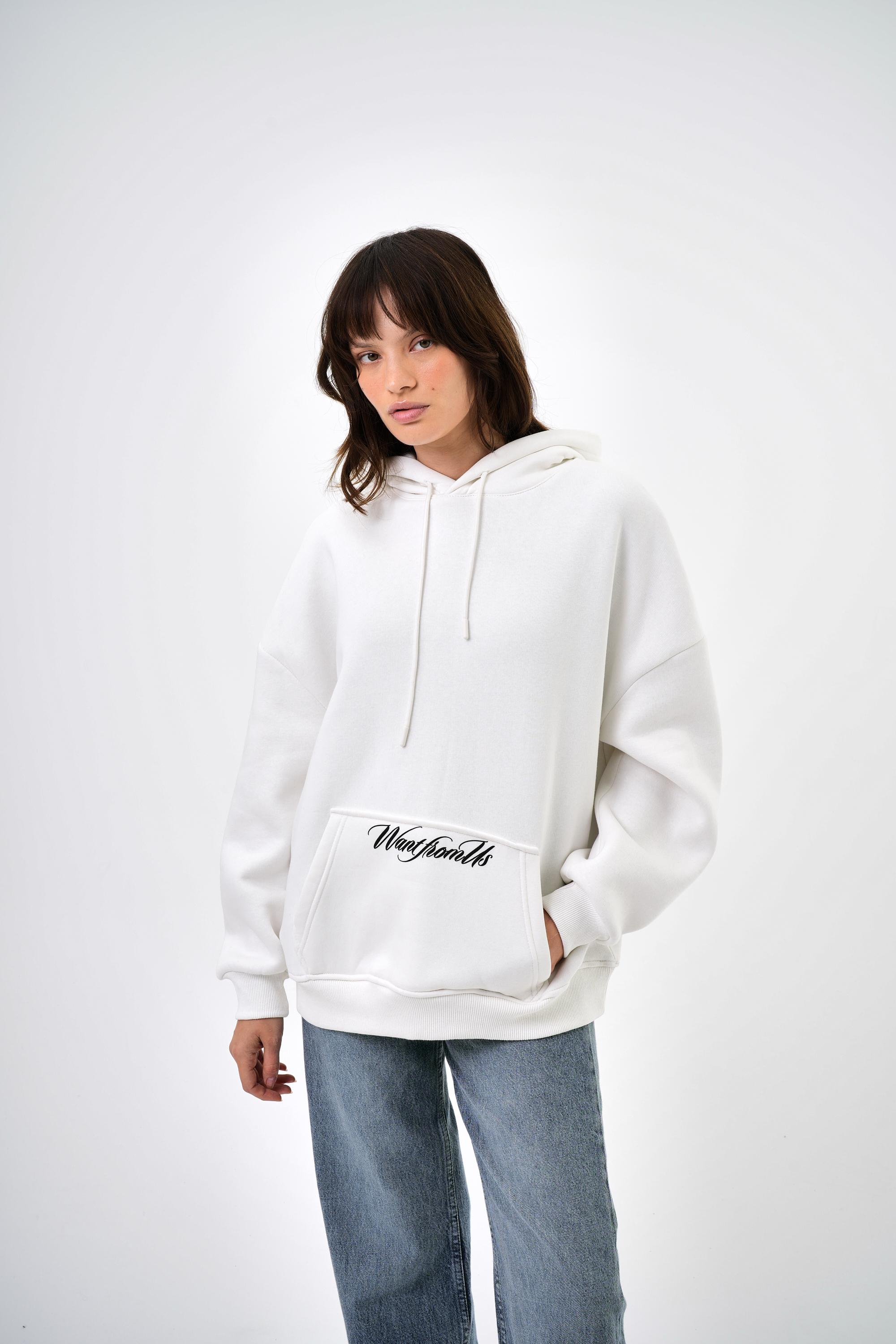 Kadın Want From Us Yazılı Kanguru Cepli Kapüşonlu Oversize Hoodie - Ekru