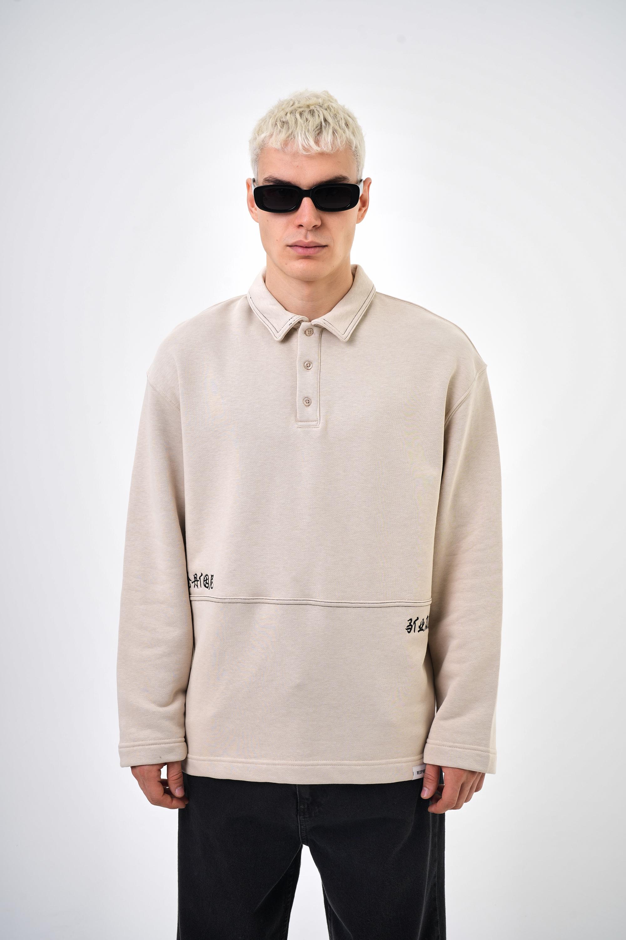 Düğme Detaylı Street of Res Yazılı Oversize Sweatshirt - Bej