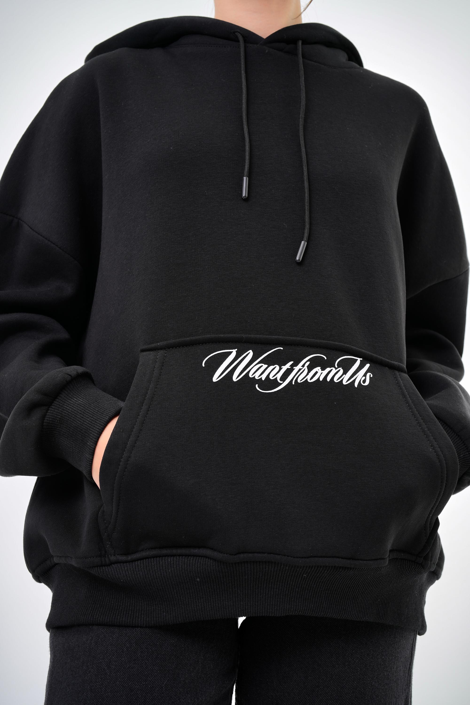 Kadın Want From Us Yazılı Kanguru Cepli Kapüşonlu Oversize Hoodie - Siyah