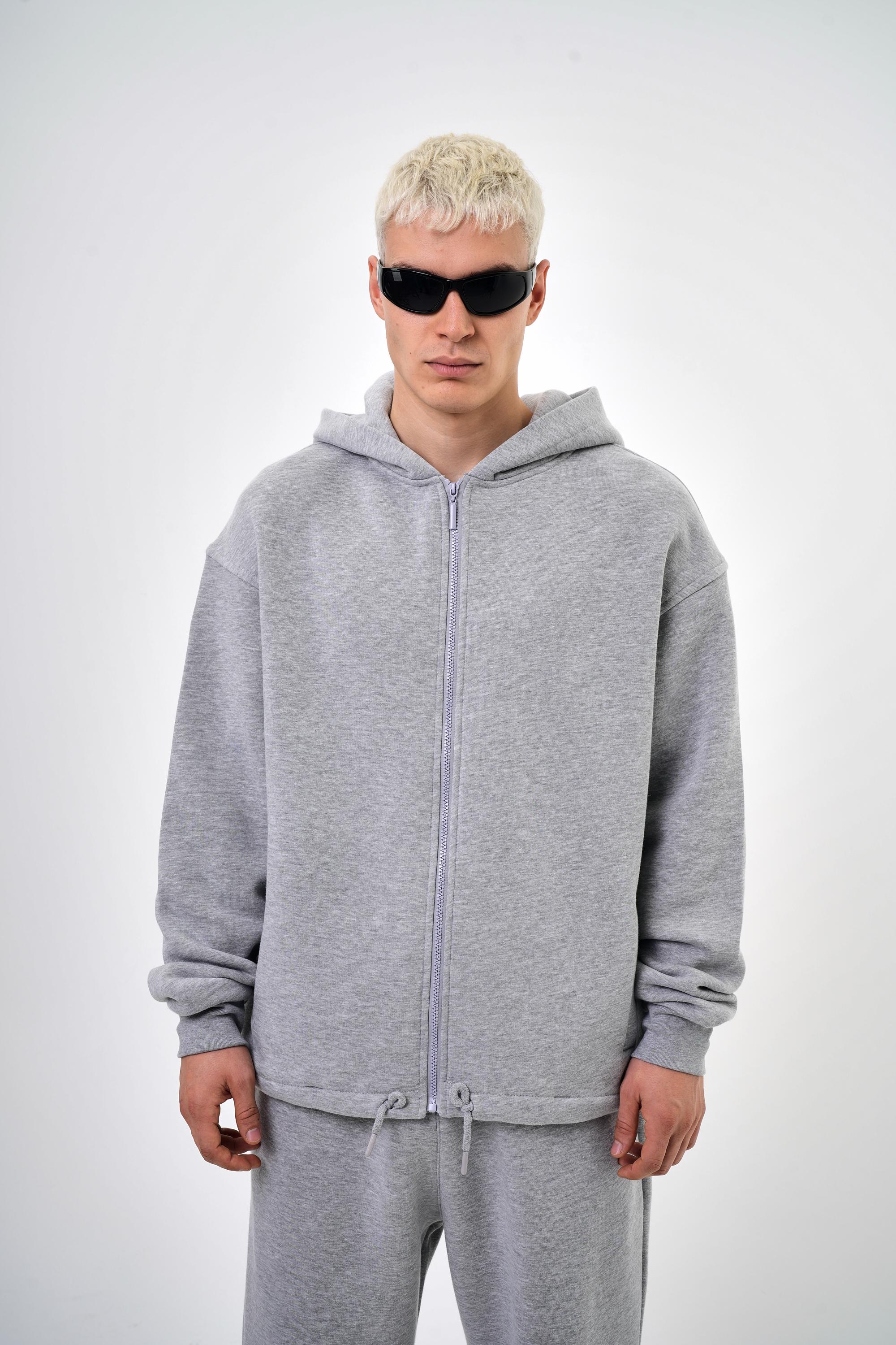 Kapüşonlu Basic Basic Zip Oversize Hoodie - Gri Melanj