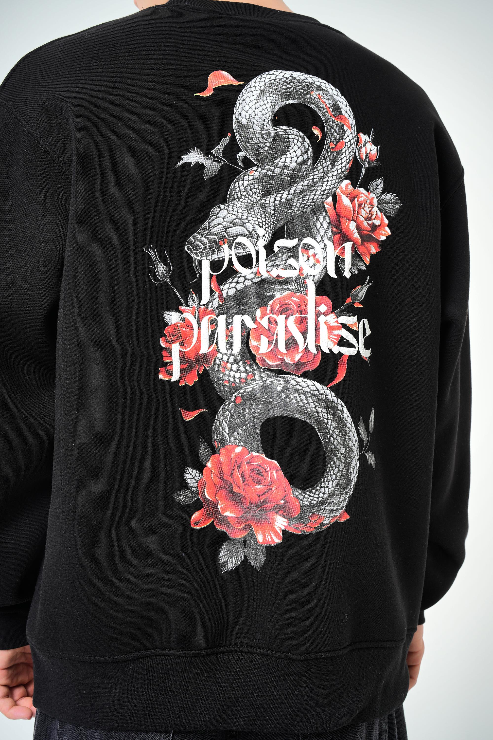 Erkek Poison Paradise Yazılı Oversize Sweatshirt - Siyah