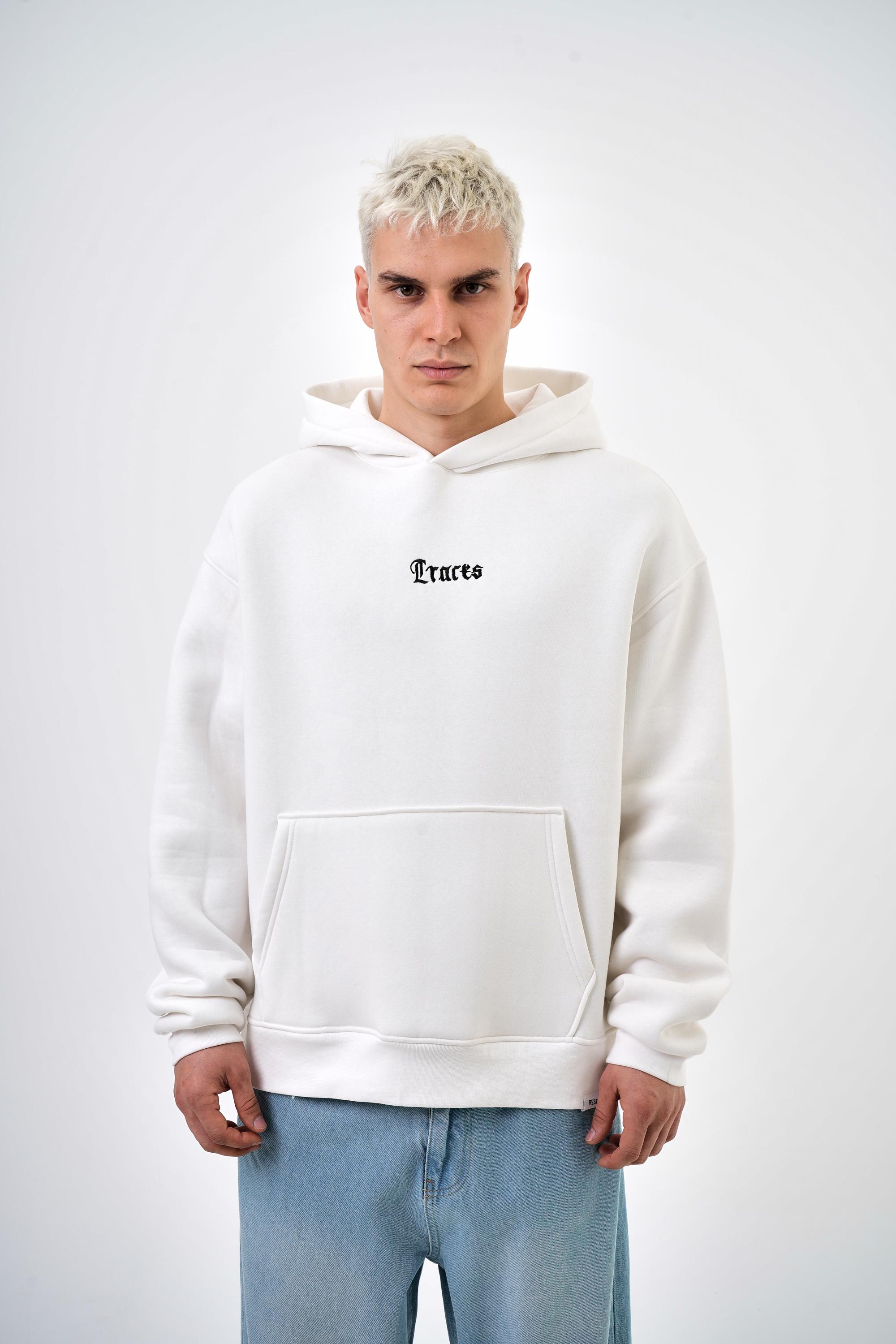 Kanguru Cep Detaylı Kapüşonlu Traces Yazılı Oversize Hoodie - Ekru