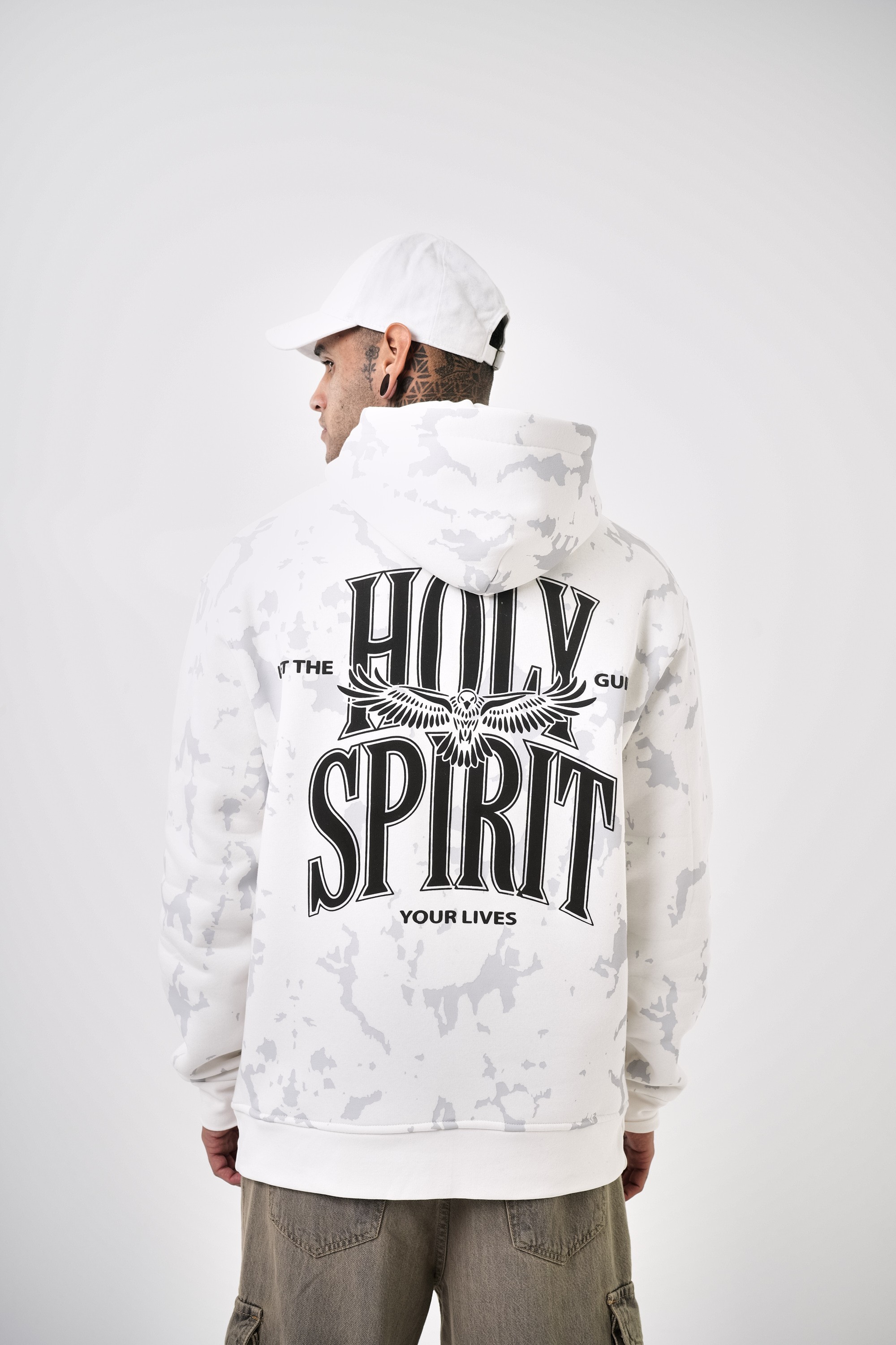 Erkek Holy Spirit Baskılı Oversize Hoodie - Ekru