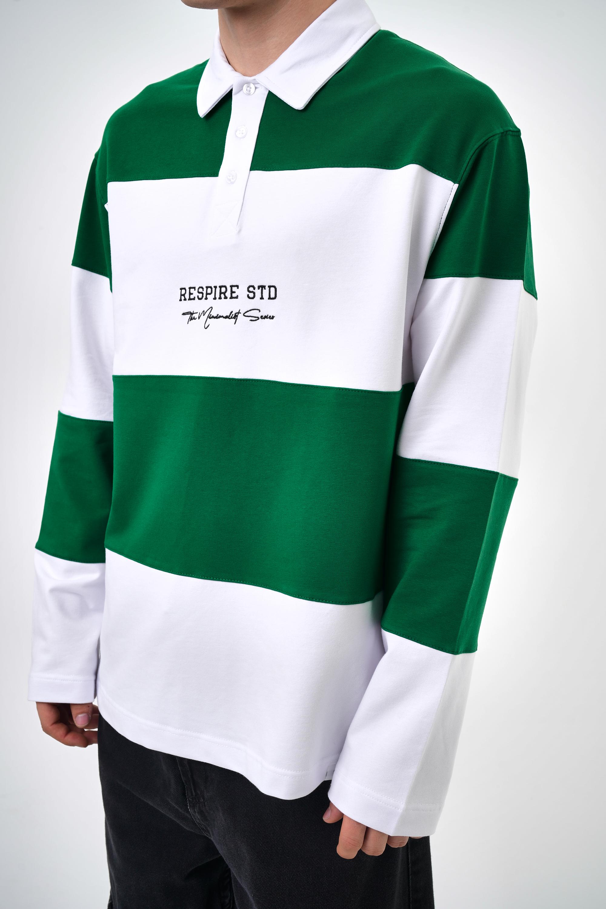 Erkek Oversize Çizgili Polo Sweatshirt - Nefti