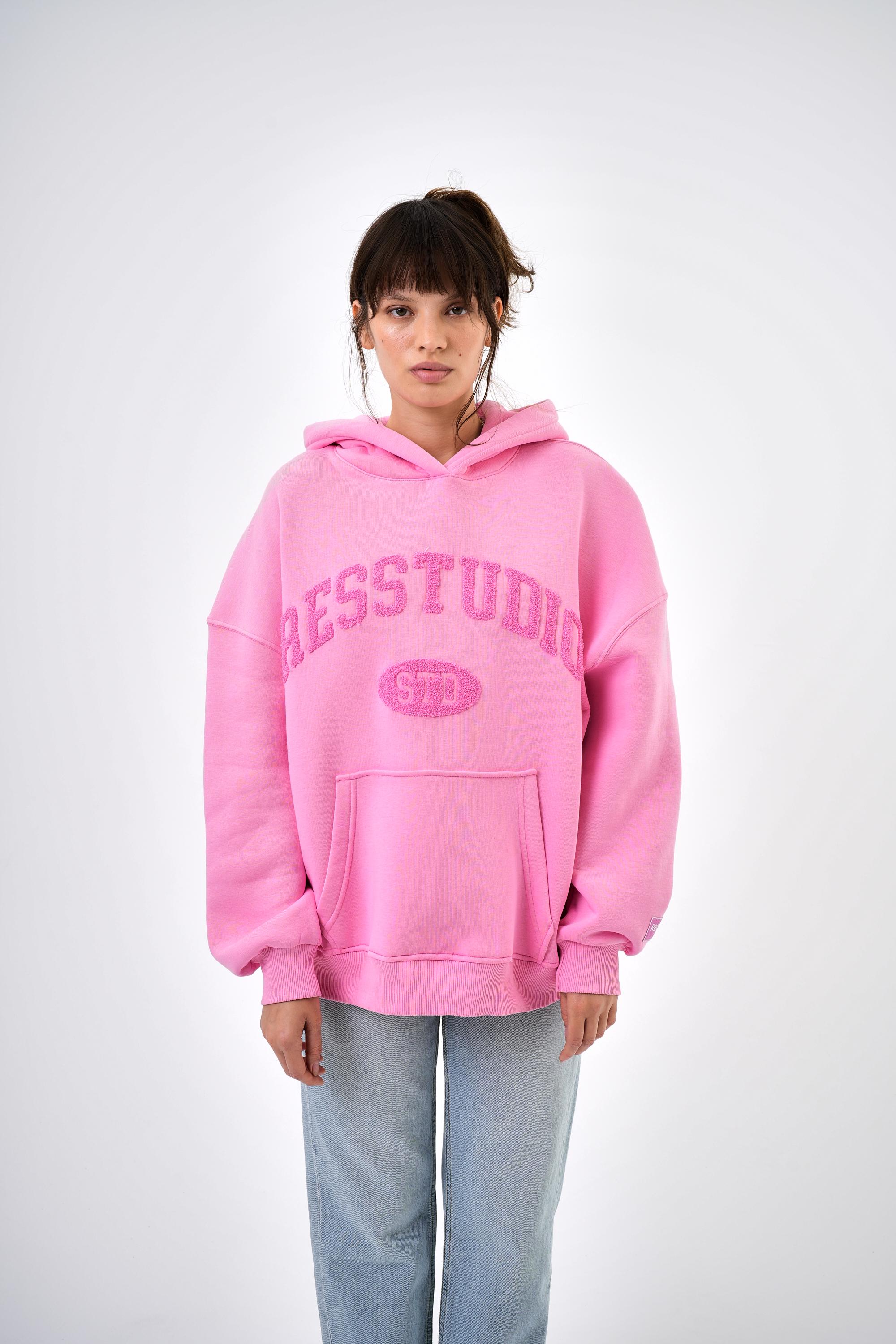 Kadın Res Studio Yazılı Kanguru Cepli Kapüşonlu Oversize Hoodie - Pembe