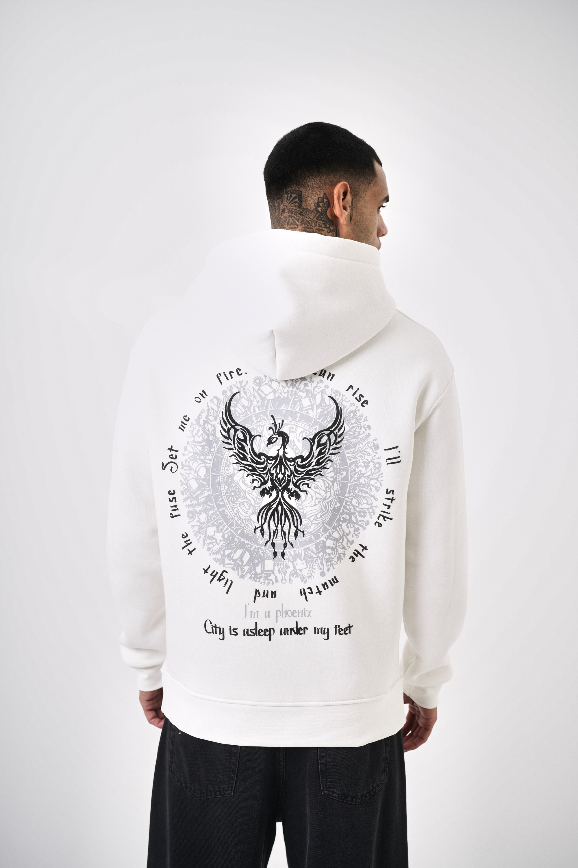 Erkek Phoenix Baskılı Oversize Hoodie - Ekru