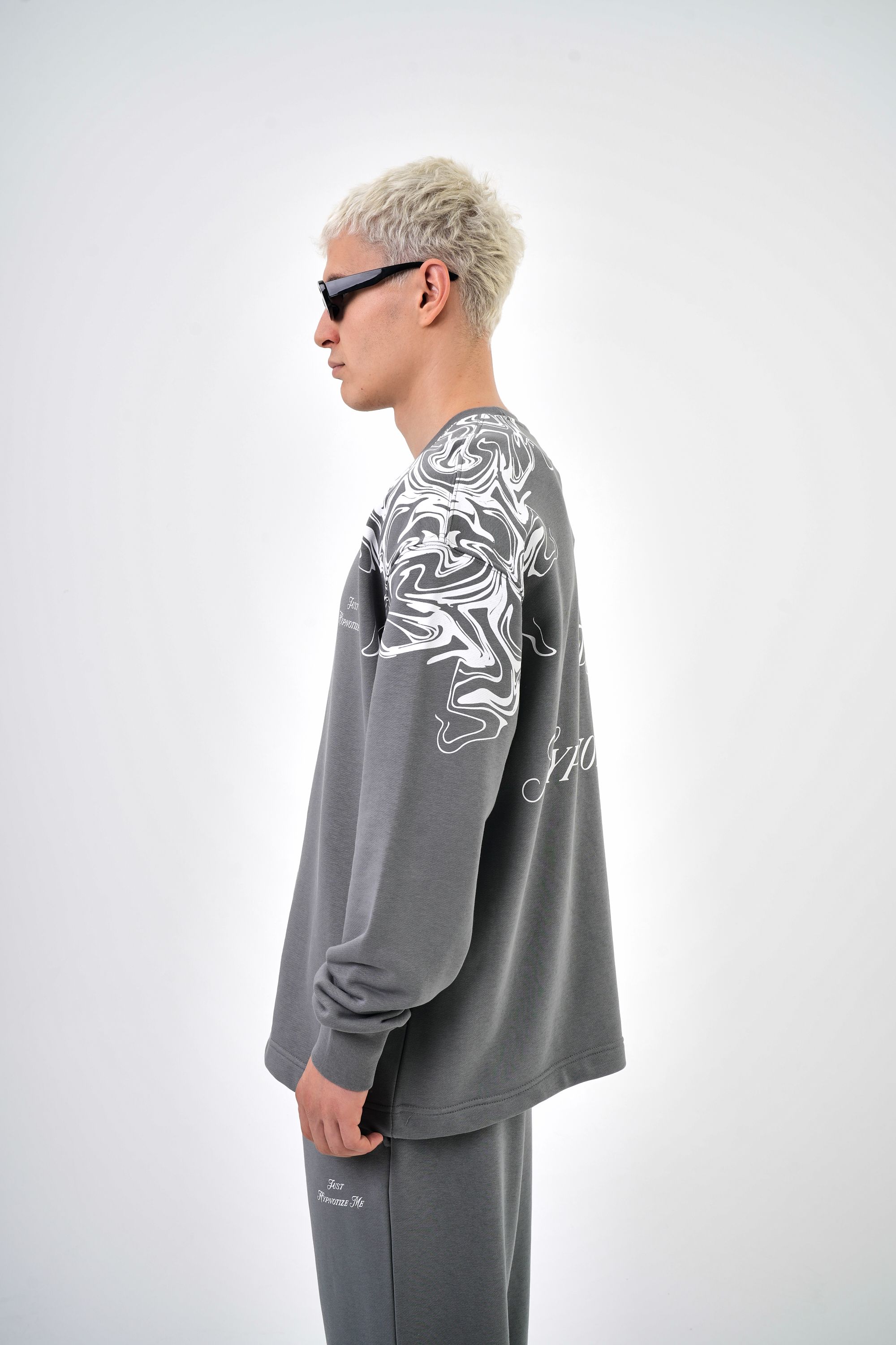 Erkek Oversize Desenli Hoodie - Gri