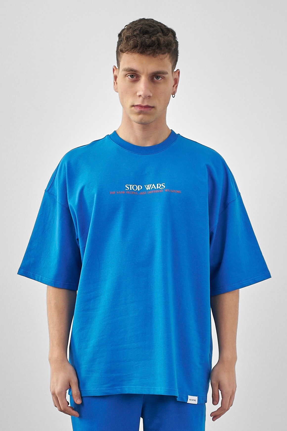 Respire Stop Wars Baskılı Oversize T-Shirt - Mavi