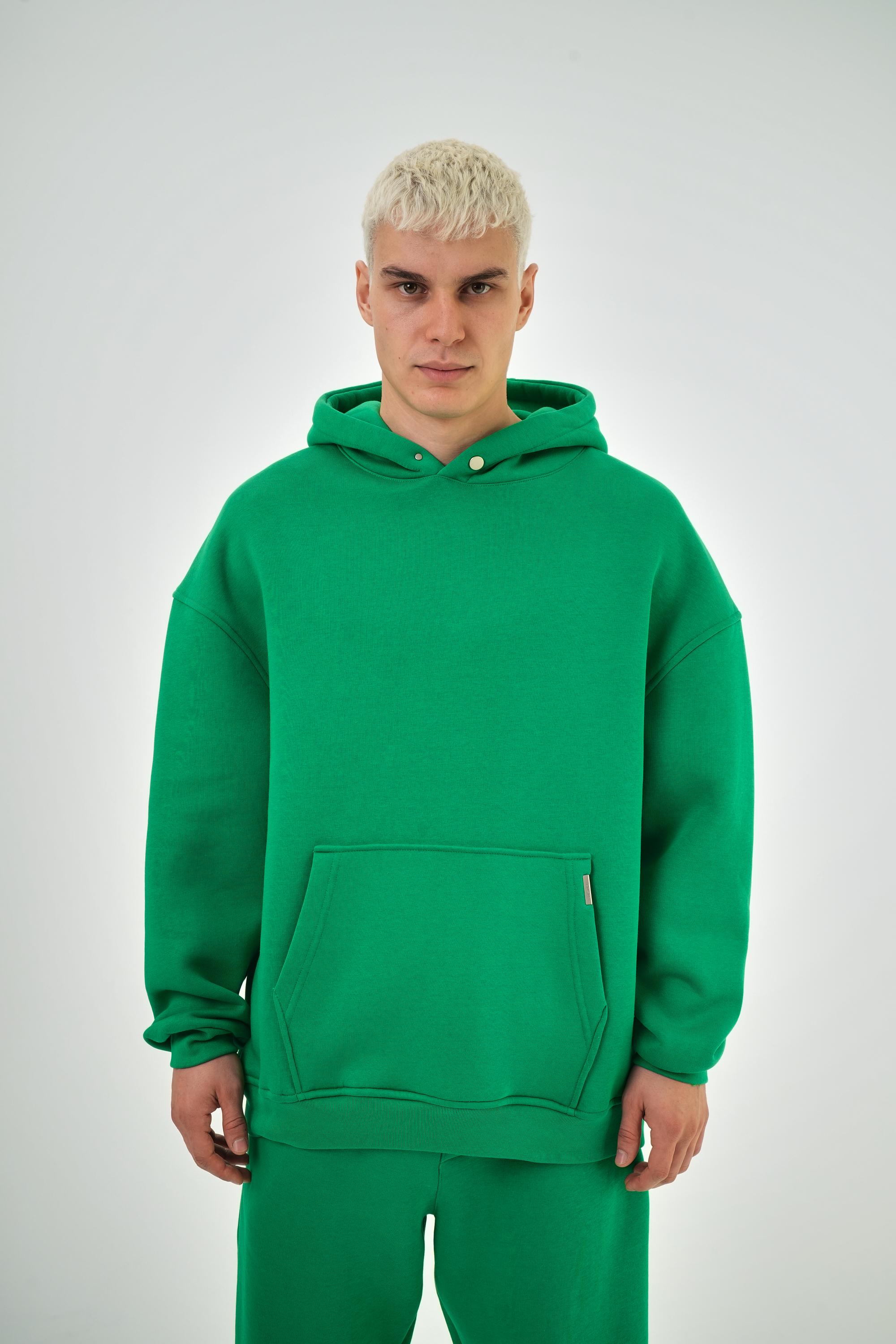 Erkek Oversize Basic Hoodie - Yeşil