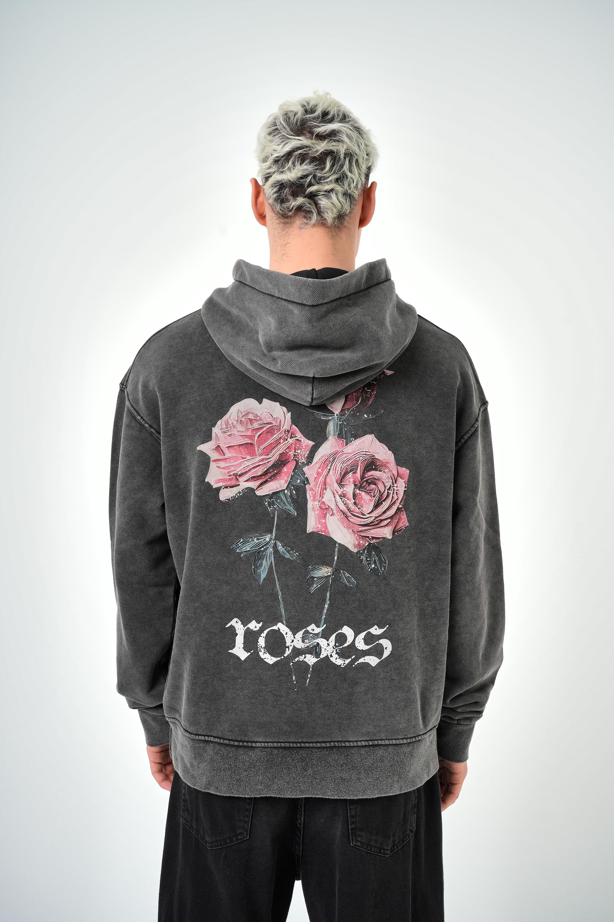 Erkek Oversize Roses Yazılı Yıkamalı Hoodie - Siyah