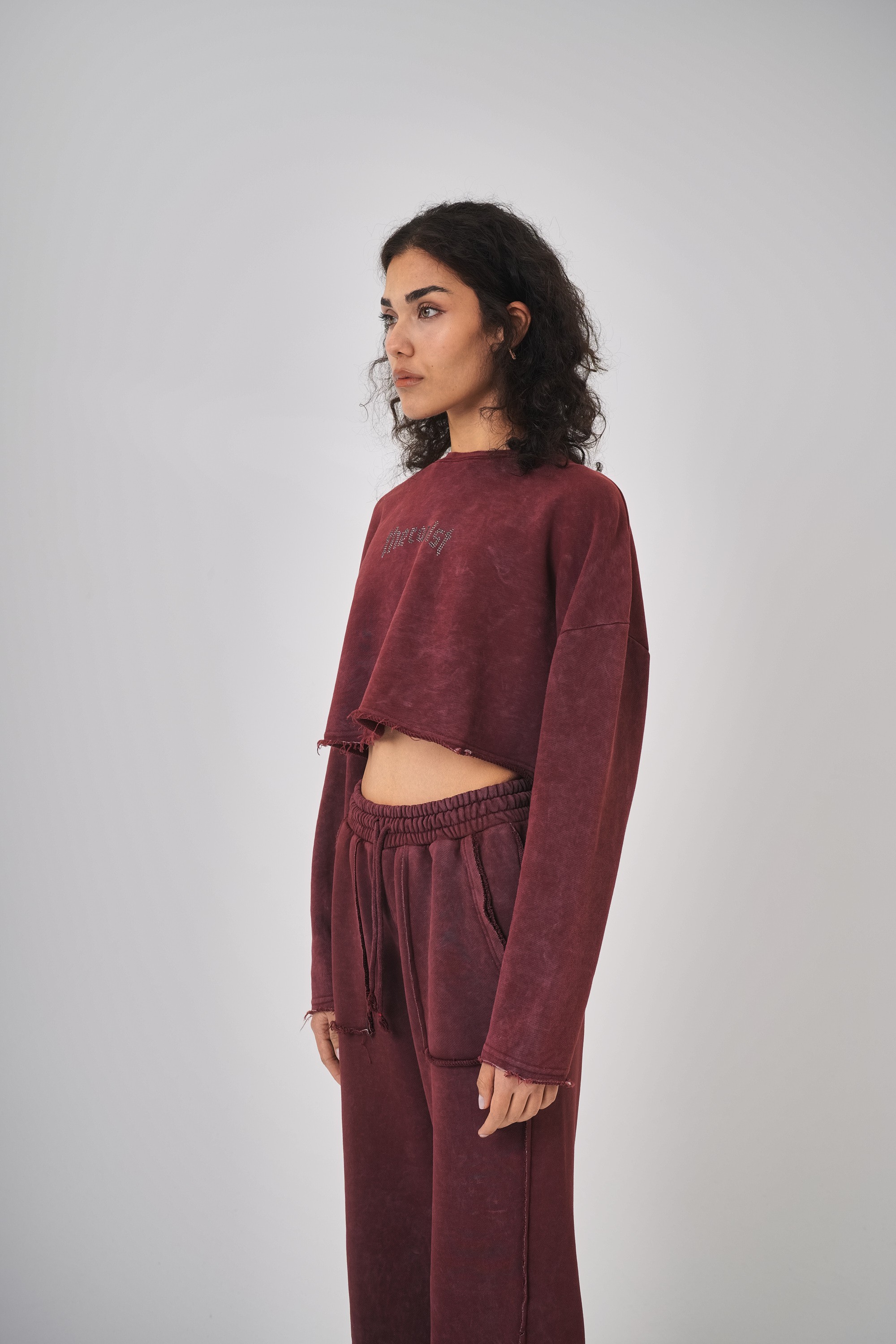 Kadın Yıkamalı Yazılı Taş Detaylı Crop Sweatshirt - Bordo