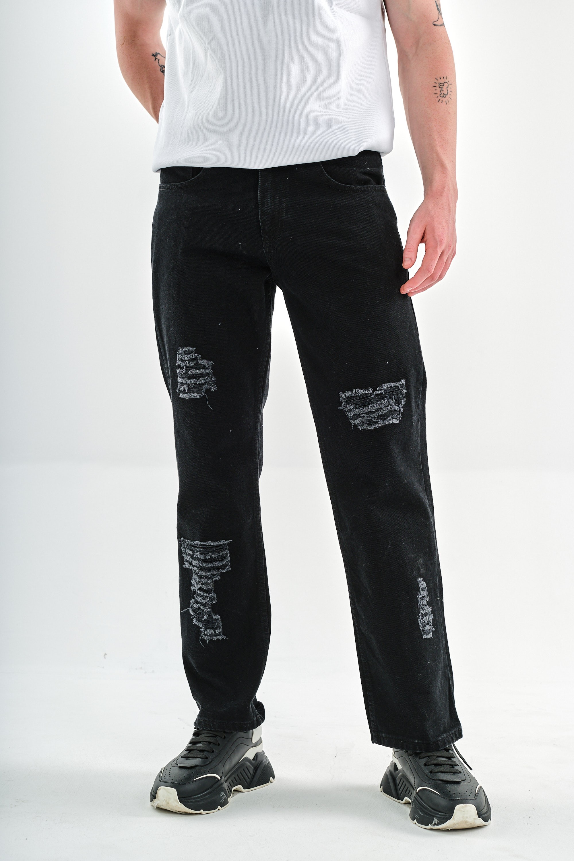 Respire Baggy Yırtmaç Detaylı Jean Pantolon - Black