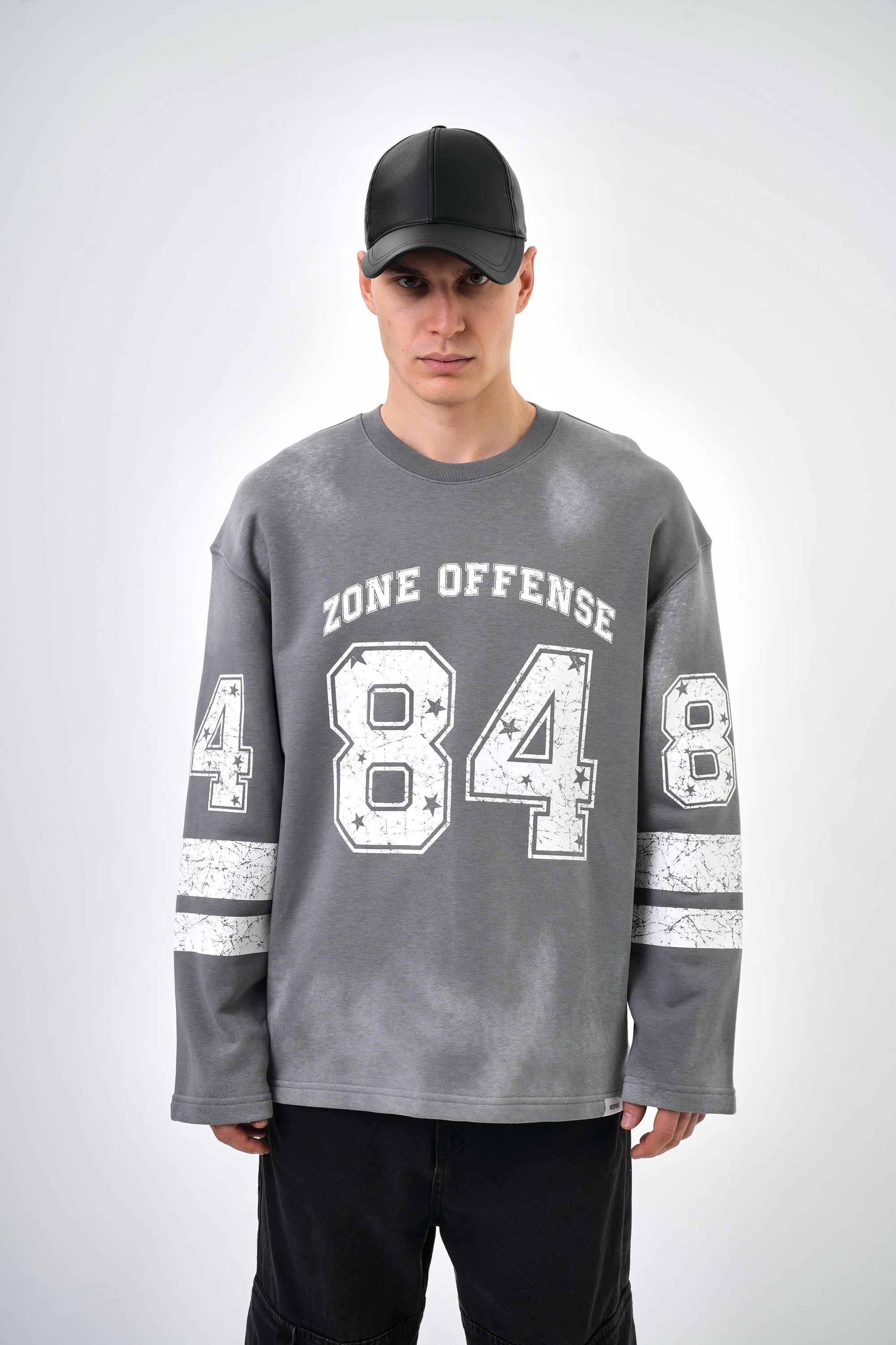 Kol Şerit Detaylı 84 Zone Yazılı Oversize Sweatshirt - Gri