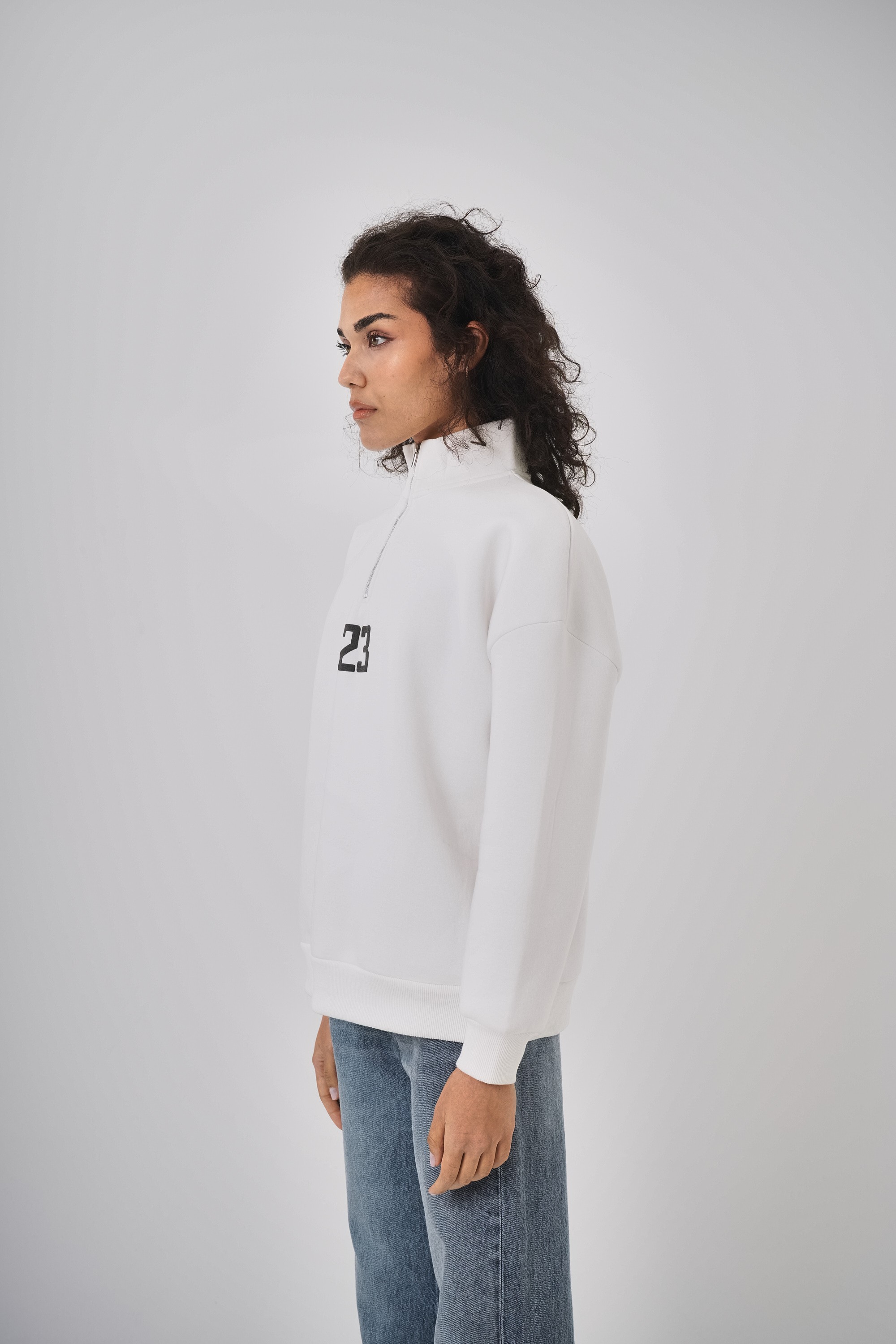 Kadın Oversize Baskılı Yarım Fermuarlı Sweatshirt - Ekru